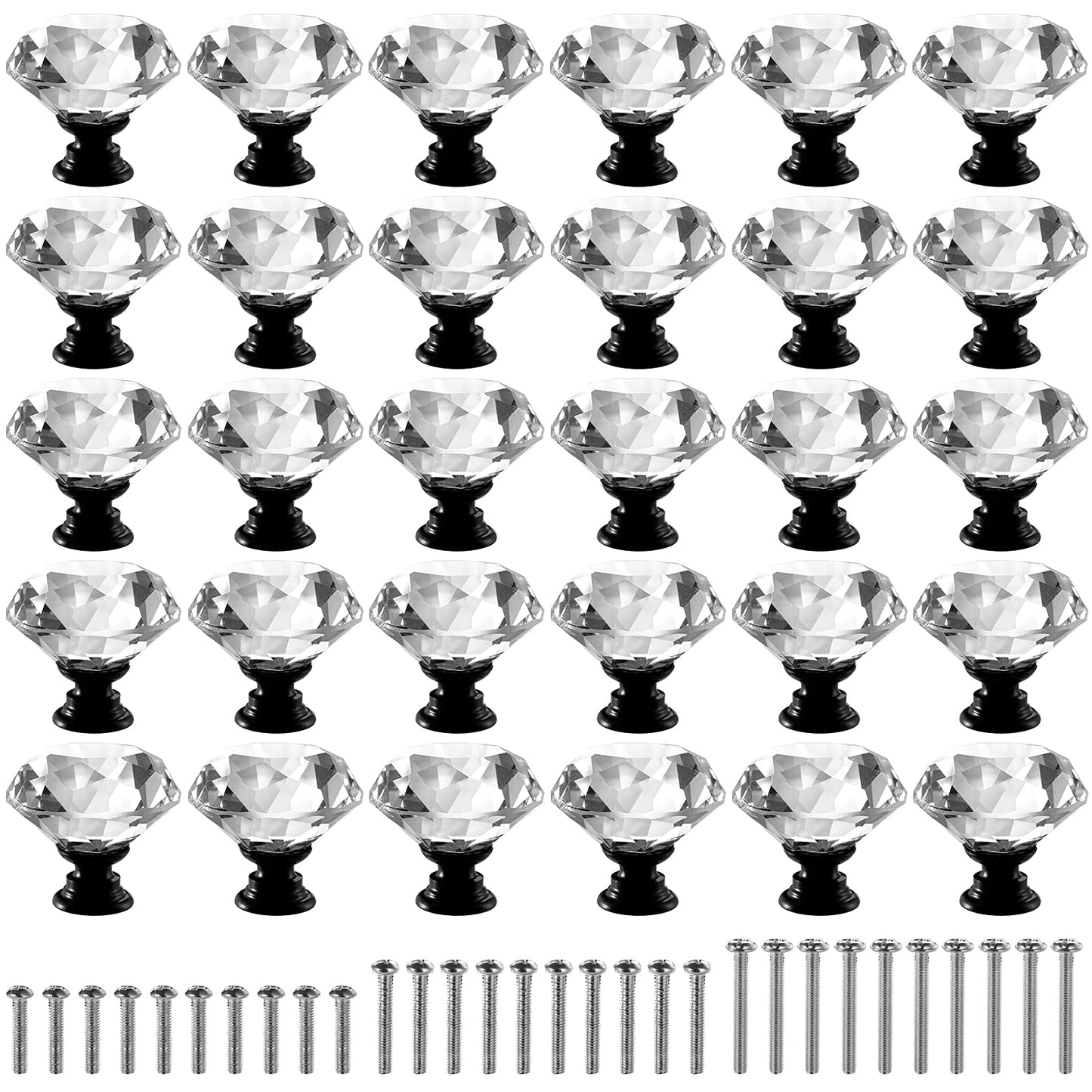 Peohud 30 Pieces Glass Cabinet Knobs, 30mm Crystal Drawer Dresser Pulls, Clear Diamond Knobs with Screws for Kitchen, Bathroom Cabinet, Dresser and Cupboard