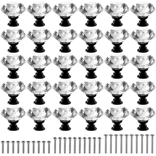 Peohud 30 Pieces Glass Cabinet Knobs, 30mm Crystal Drawer Dresser Pulls, Clear Diamond Knobs with Screws for Kitchen, Bathroom Cabinet, Dresser and Cupboard