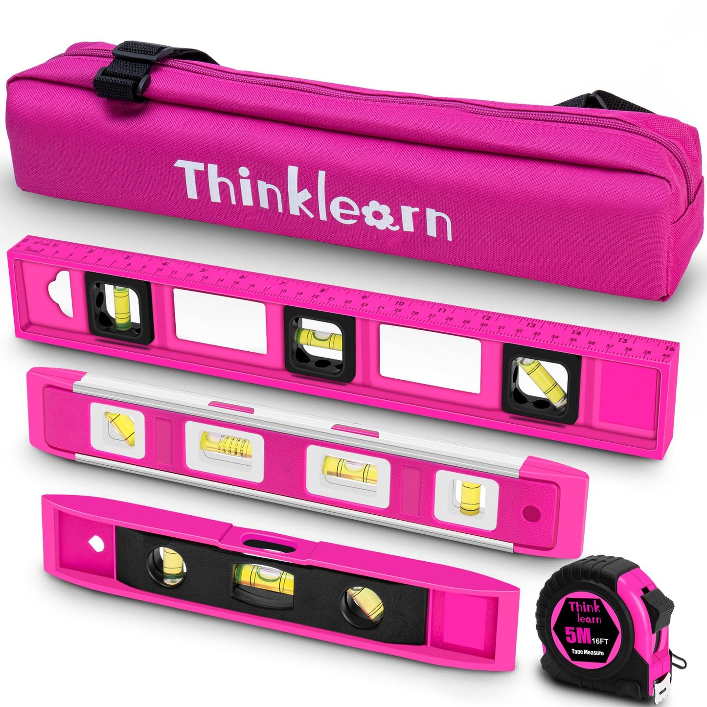 ThinkLearn 5pcs Torpedo Level, 9", 12", 16" Pink Magnetic Level Set with Carrying Bag, Tape Measure, 45°/90°/180° Bubbles Measuring Leveler Tool, Spirit Level for Women