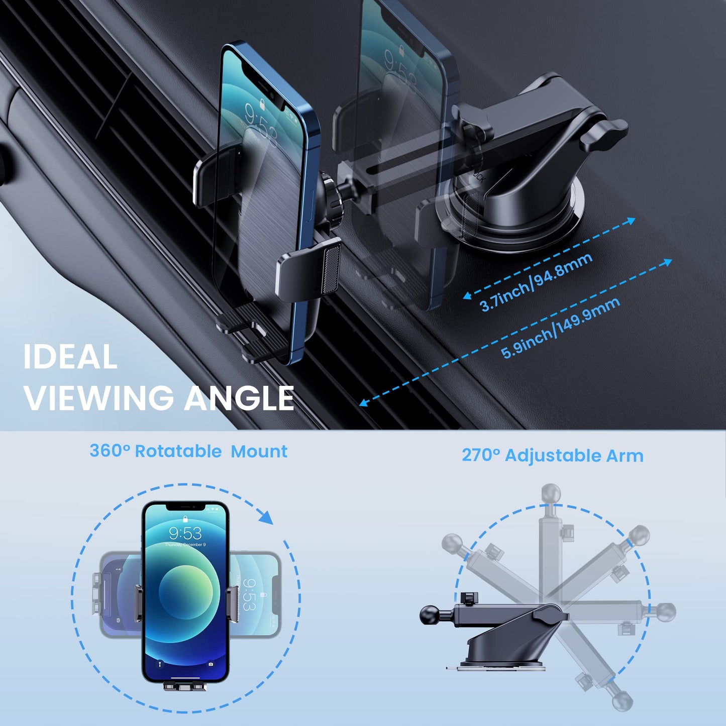 Phone Mount for Car Phone Holder [Military-Grade Suction & Stable Clip]Car Phone Holder Mount Windshield Dashboard Air Vent Universal Cell Phone Automobile Mount Fit For All iPhone Android Smartphones