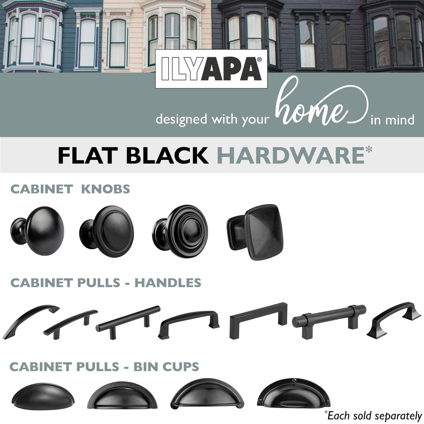 Ilyapa Matte Black Kitchen Cabinet Knobs - Round Ringed Drawer Handles - 25 Pack of Kitchen Cabinet Hardware