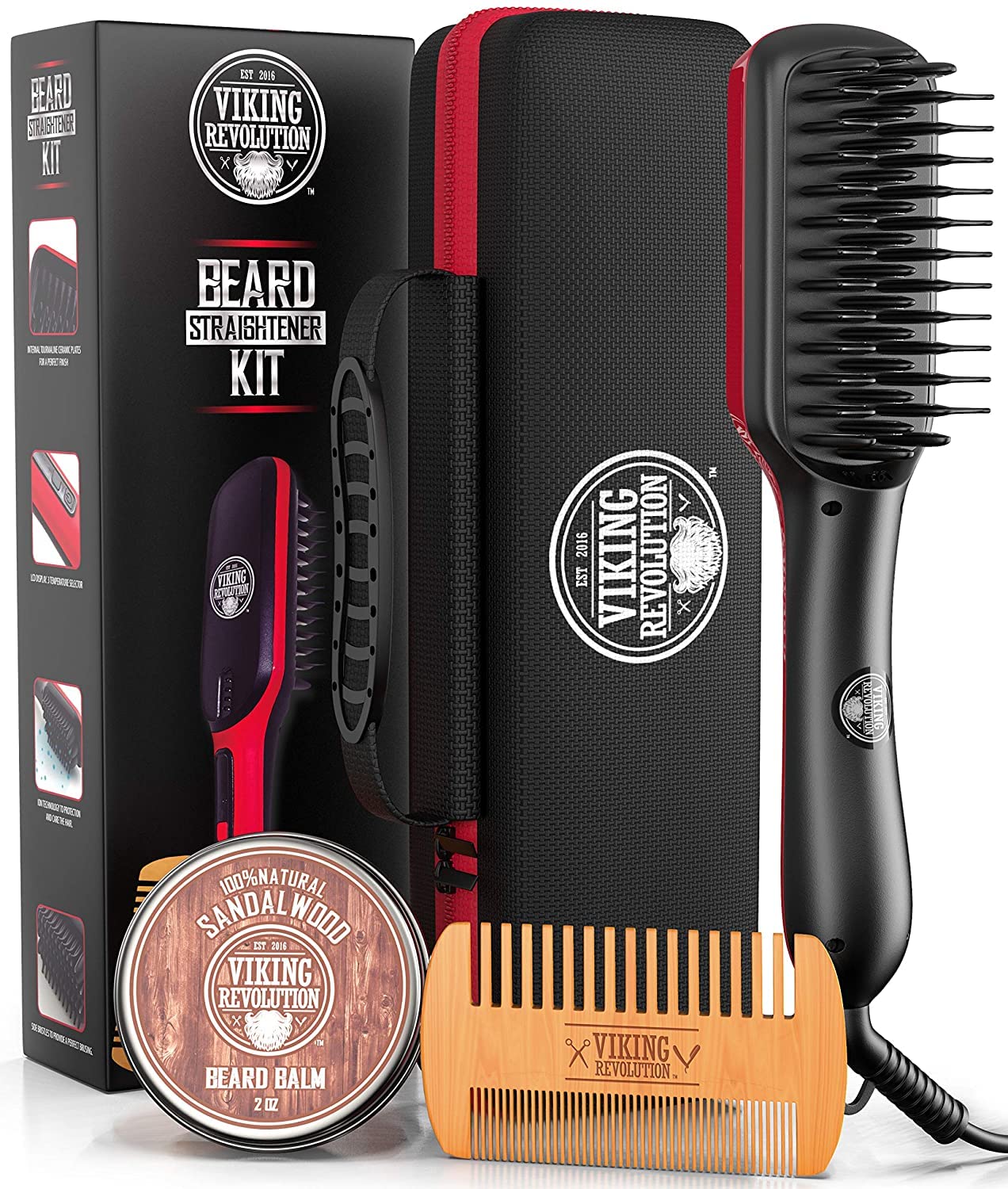 Beard Straightener Brush for Men - Fast Heating Ceramic and Ionic Mens Beard Straightener Comb - Heated Beard Brush - Includes Wooden Beard Comb & Beard Balm with Sandalwood Scent