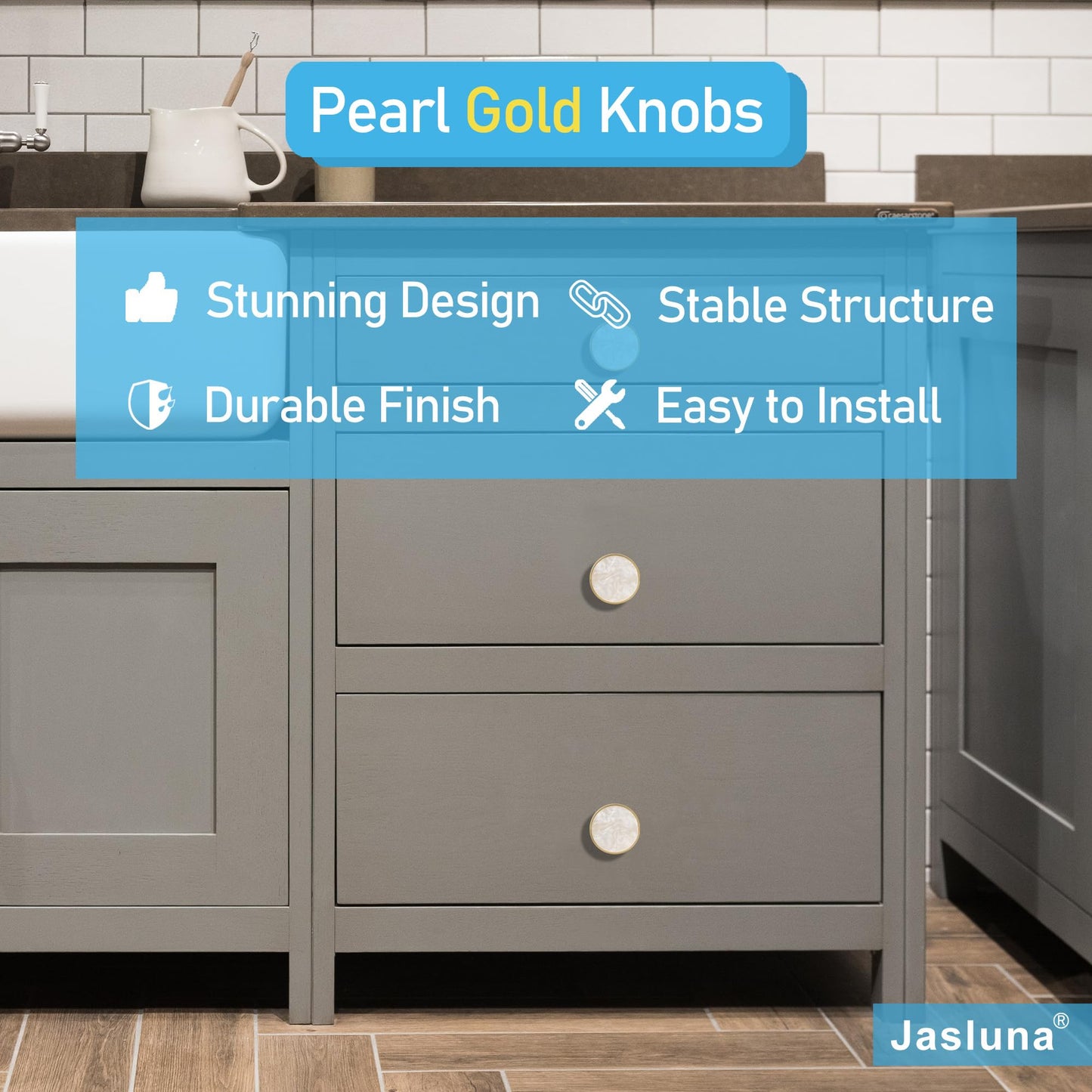 Jasluna Pearl Gold Knobs for Dresser Drawers, 12-Pack Brushed Brass Cabinet Knobs Pulls, 1-1/4-Inch knobs for Kitchen Bathroom, Decorative Furniture Hardware