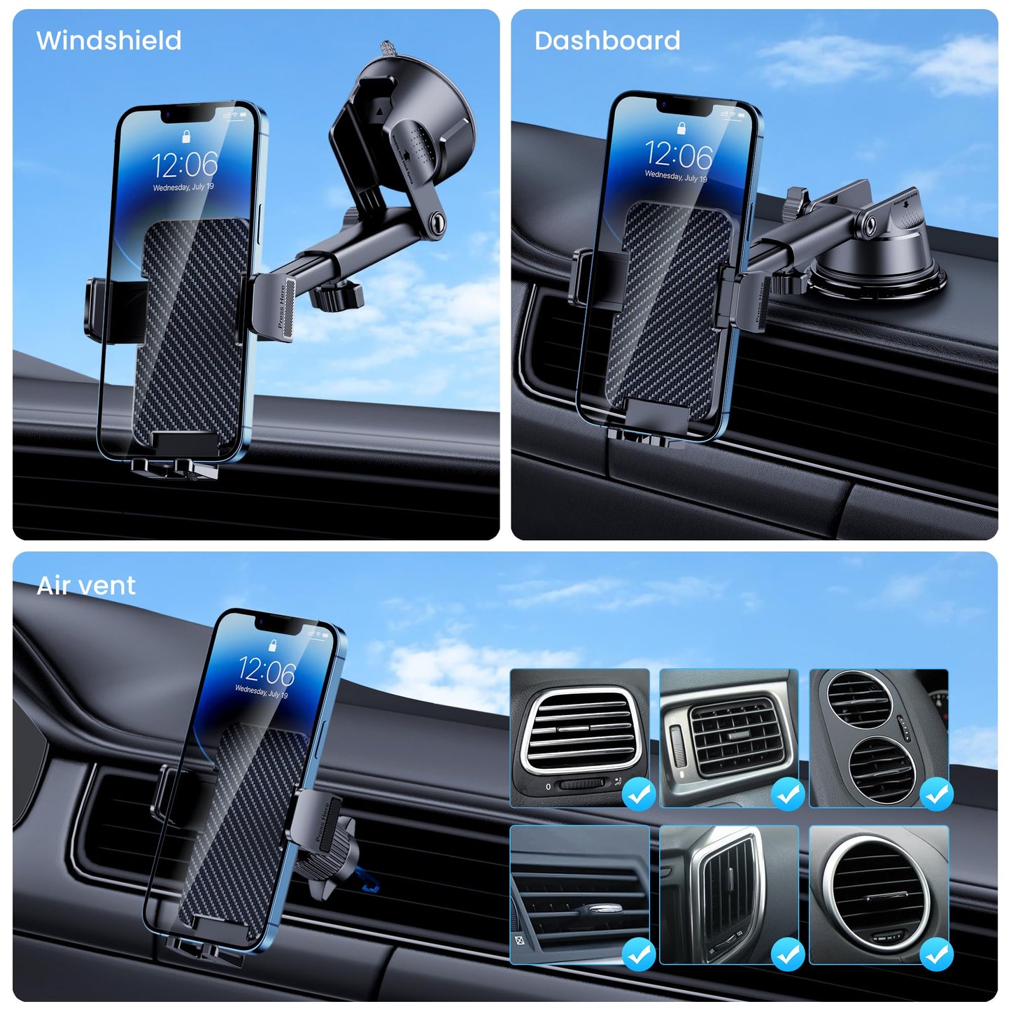 Phone Holder Car [Military Grade Suction Ultra Strong Base] Cell Phone Car Holder 3 in 1 Phone Mount for Car Dashboard Windshield Air Vent Hands-Free Car Phone Holders for iPhone Android Phones