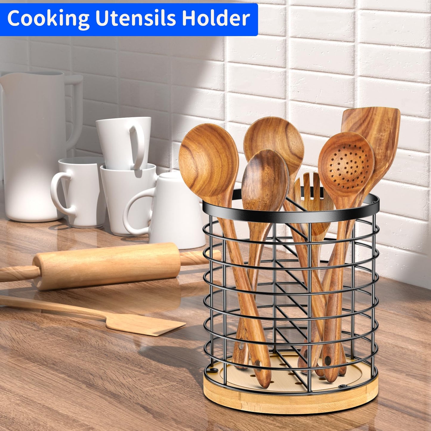 Toosci Kitchen Utensil Holder - Stainless Steel and Bamboo Utensil Holder, Utensil Holder for Kitchen Counter, Large