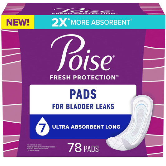 Poise Incontinence Pads & Postpartum Incontinence Pads, 7 Drop Ultra Absorbency, Long Length, 78 Count, Packaging May Vary