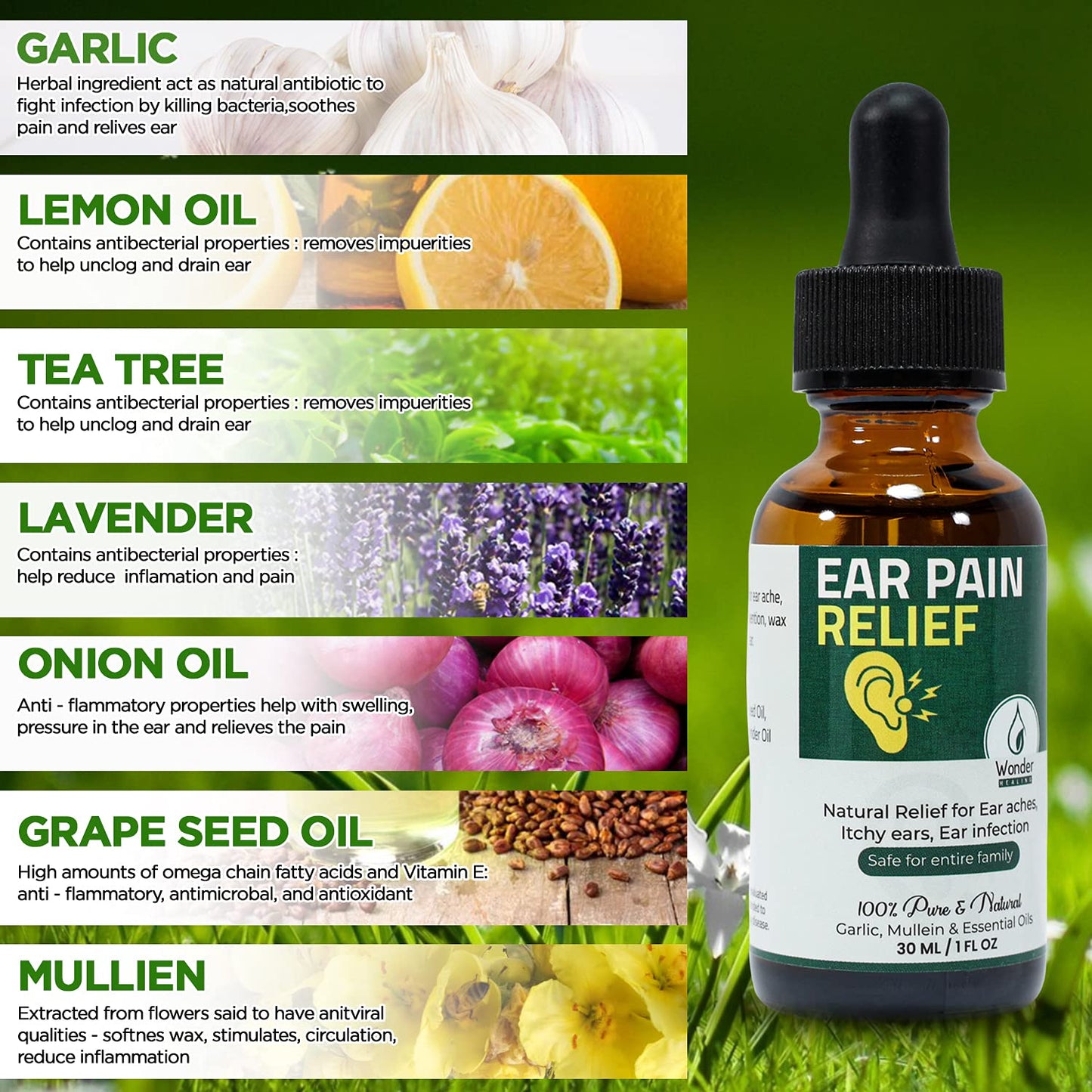 Ear Pain Relief, Relieves Ear Aches, Infections, Swimmer's Ear, Loosens Wax, Ear drops Liquid for adults, children & pet 100% Natural (30 ml) By Wonder Healing