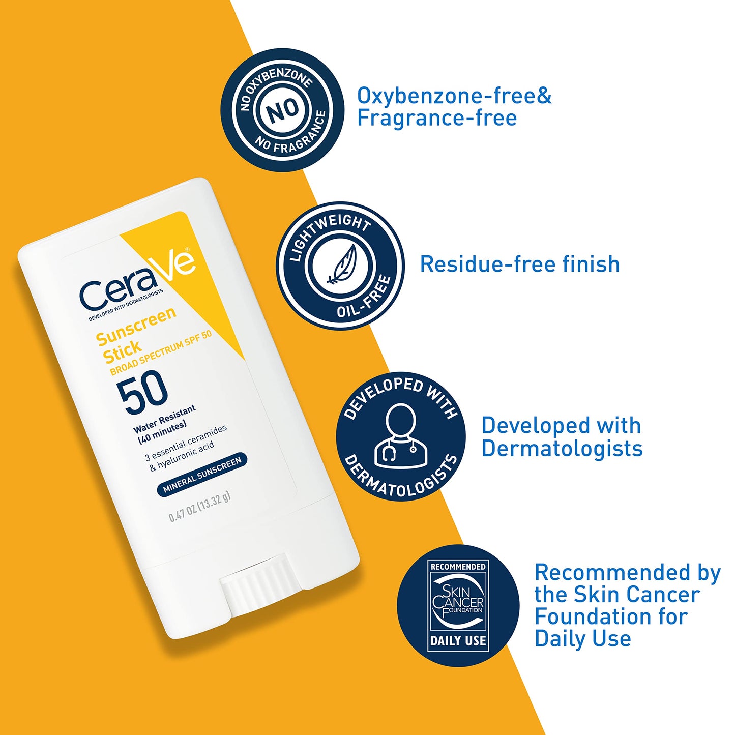 CeraVe Mineral Sunscreen Stick for Kids & Adults | 100% Sunscreen, Zinc Oxide Titanium Dioxide with Hyaluronic Acid and Ceramides Broad Spectrum SPF 50 Fragrance Free 0.47 Ounce