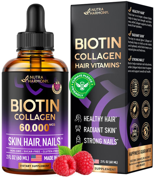 Liquid Biotin & Collagen - Vitamins for Hair Growth Support for Women & Men - Extra Strength 60000 mcg Drops - B7 Supplement - Strong Nails & Healthy Skin - 98% Faster Absorption Than Pills