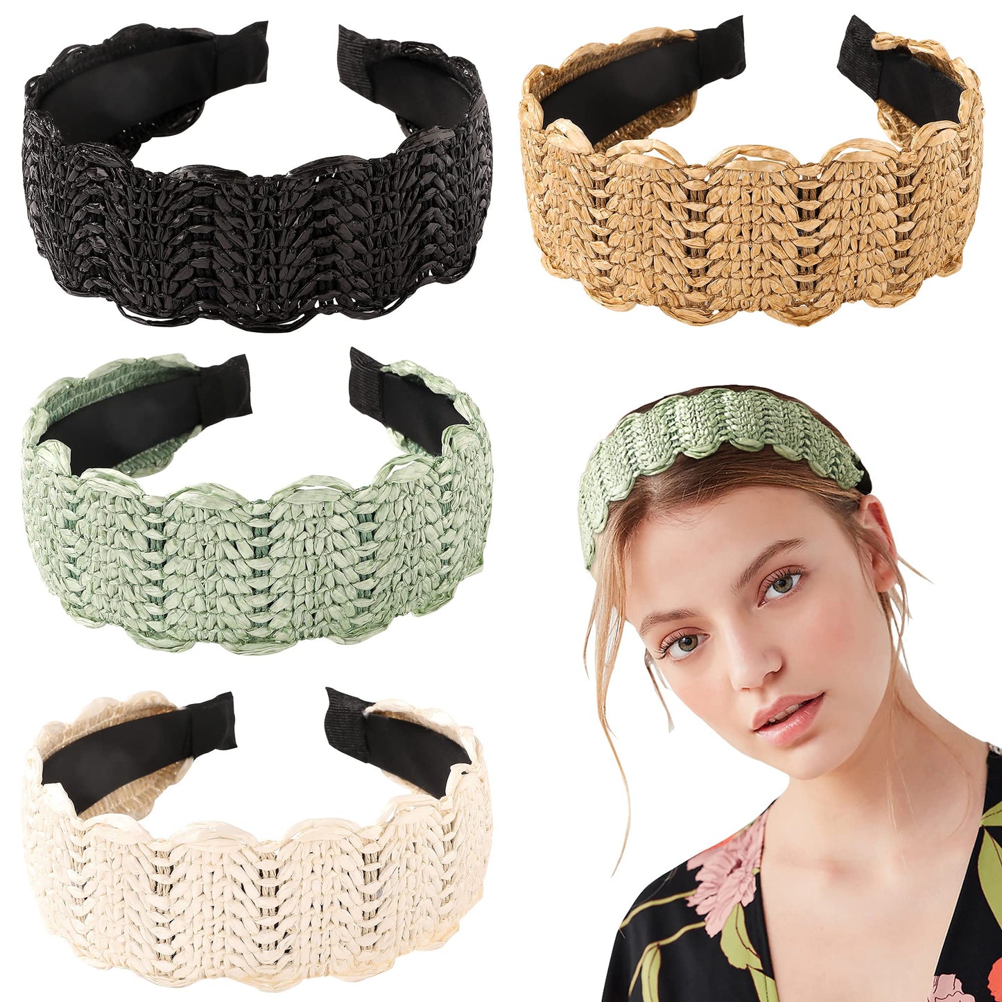 Headbands Women Hair Head Bands - Rattan Summer Straw Head Bands for Girls Cute Wide Raffia Woven Hair Bands for Women’s Hair Rattan Hairbands Tan Beauty Product Beech Hair Accessories