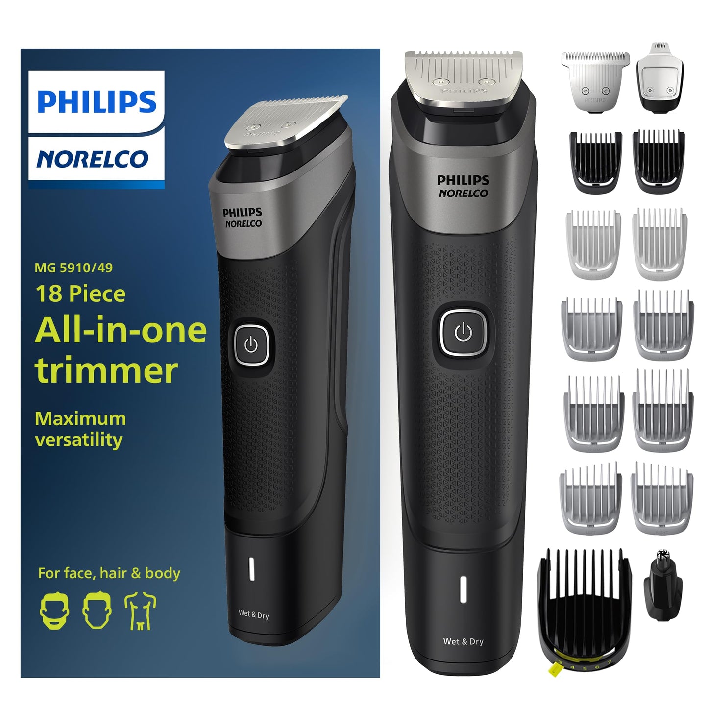 NEW Philips Norelco Multigroom Series 5000 18 Piece, Beard Face, Hair, Body and Intimate Hair Trimmer for Men - NO BLADE OIL MG5910/49