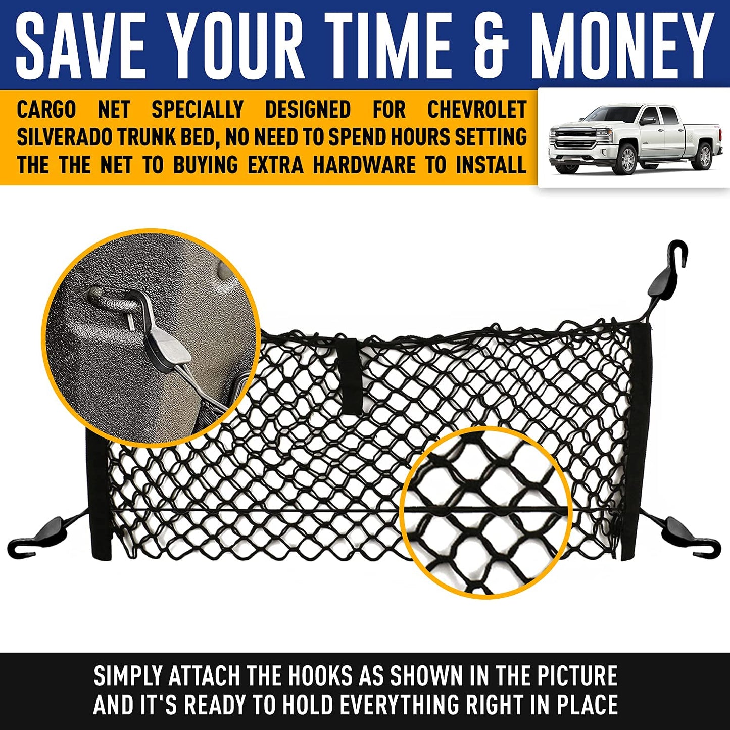 Envelope Style Trunk Mesh Cargo Net for Chevy Silverado Accessories 2013-2023 - Premium Trunk Organizers and Storage for Pickup Truck Bed