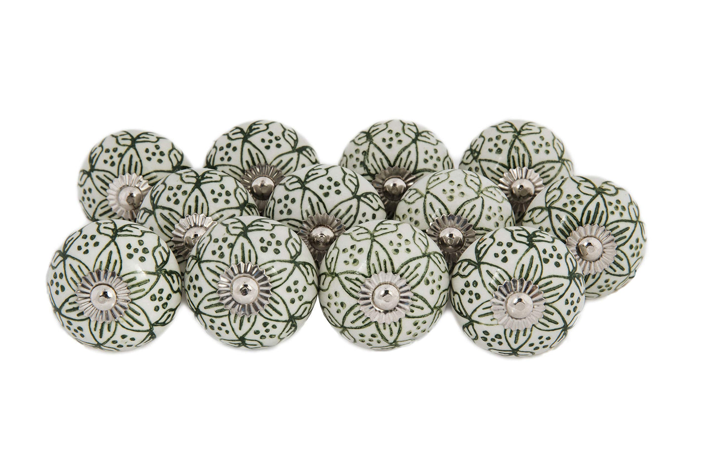 Ceramic Knobs Set of 12 - “Chambal Gardens” Furniture Knobs w/ Reversible Metal Knob Backplate - Handmade Cabinet Handles for Kitchen or Wardrobe - Decorative Knobs for Cabinets and Drawers