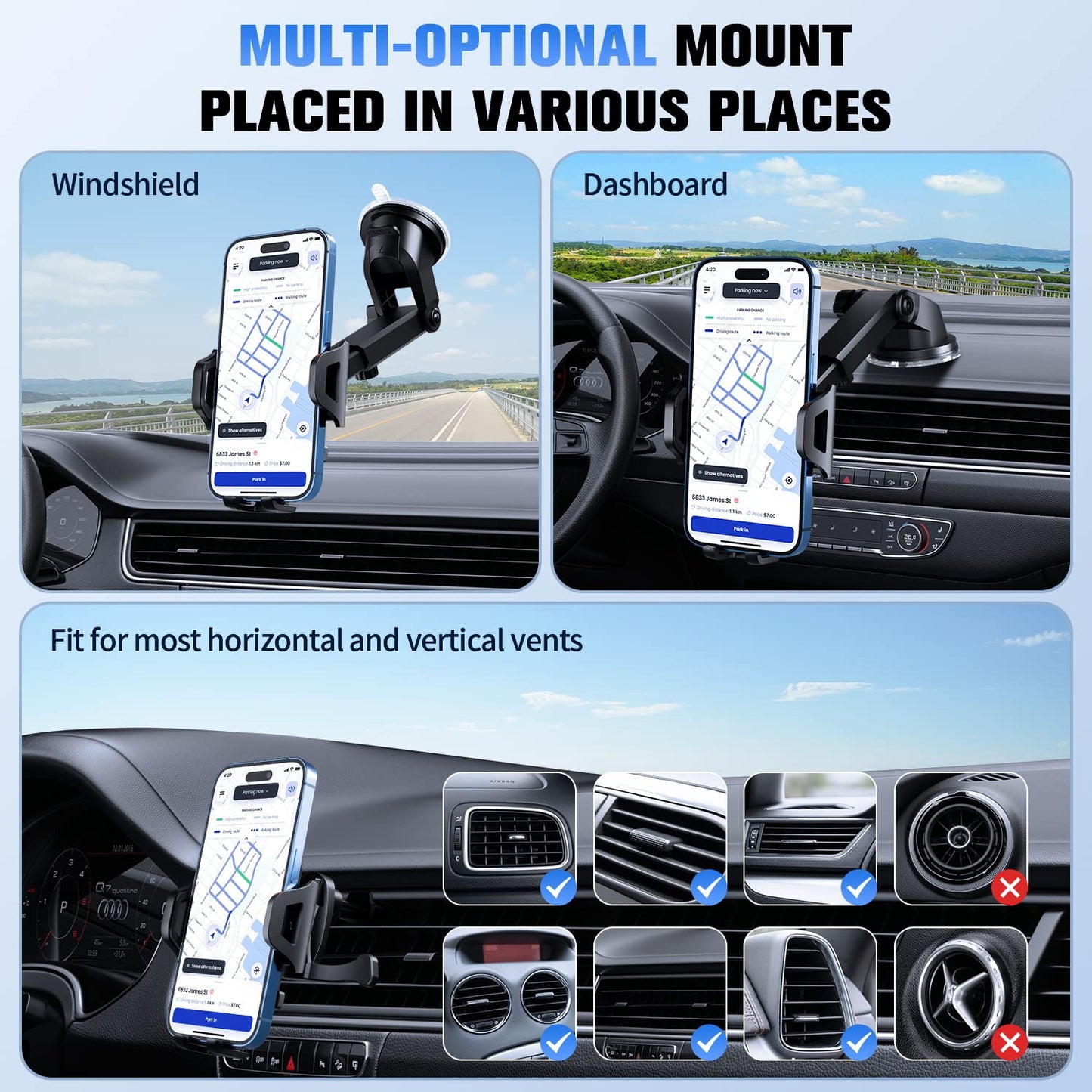 SUUSON Car Phone Holder Mount【Upgraded】-【Bumpy Roads Friendly】 Phone Mount for Car Dashboard Windshield Air Vent 3 in 1,Hand Free Mount for iPhone 14 13 12 Pro Max Samsung All Cell Phones (Black)