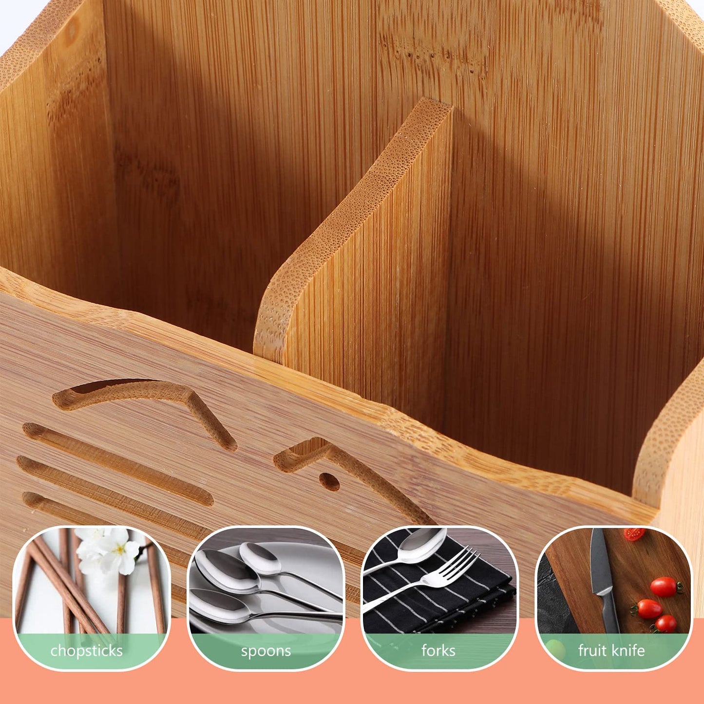 Holders Utensil Drainer Basket Countertop Chopsticks Spoon Divider Bamboo Container Stand Flatware Drying Compartment Holder for Home Kitchen Style 2 Flatware Storage Case