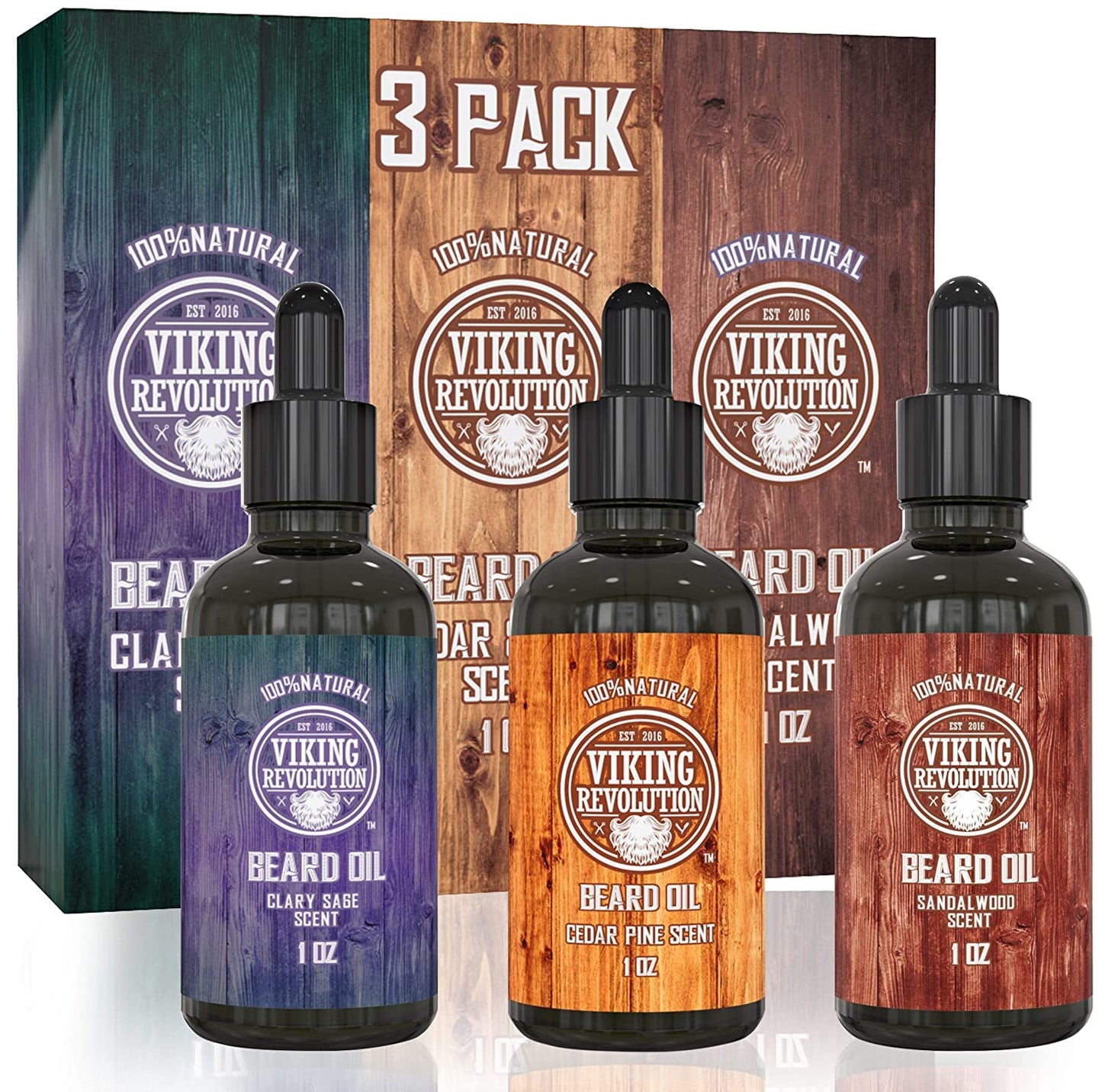 Viking Revolution Beard Oil Conditioner 3 Pack - All Natural Variety Set - Sandalwood, Pine & Cedar, Clary Sage Conditioning and Moisturizing for a Healthy Beard