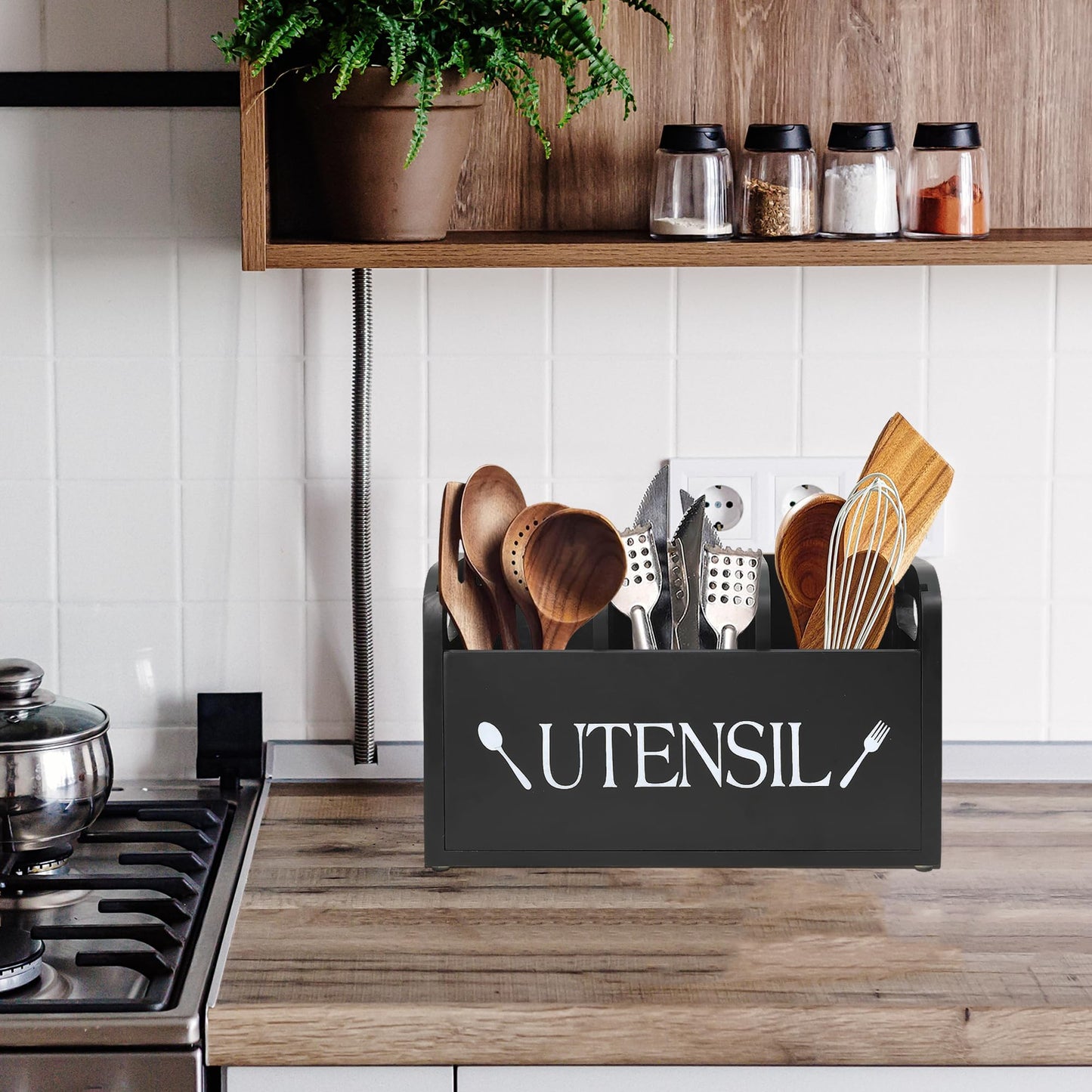 Kitchen Utensil Holder for Countertop, Farmhouse Kitchen Countertop Organizer, Cooking Utensil Organizer with Removable Cover, Kitchen Counter Decor Utensil Holder for Cooking Tool and Utensil Storage