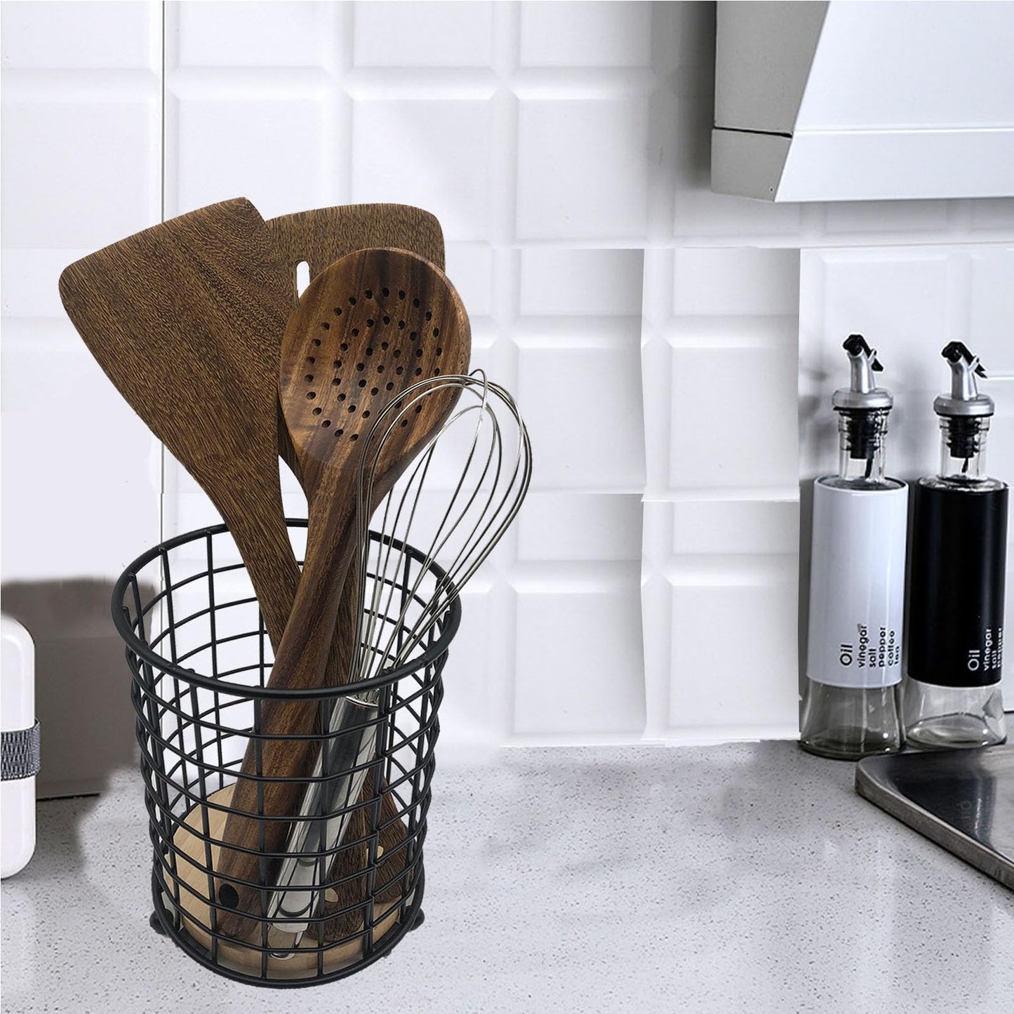 BESSKON Utensil Holder for Countertop - 4.5 x 6" Metal Wire Kitchen Utensil Holder,Cooking Utensil Holder for Spatula Spoon Black Round Utensils Organizer with Wooden Base,Cutlery Silverware Caddy