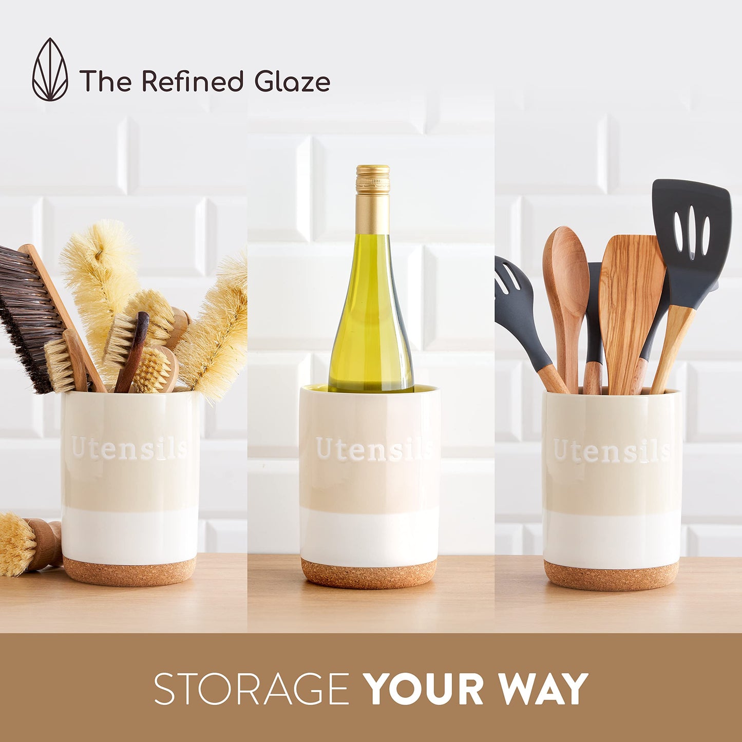 The Refined Glaze Ceramic Utensil Holder for Kitchen Counter - Large Utensil Crock Organizer with a Cork Base (H7 x W5) - Modern Farmhouse Decor for the Kitchen - Spatula Holder (Beige & White)