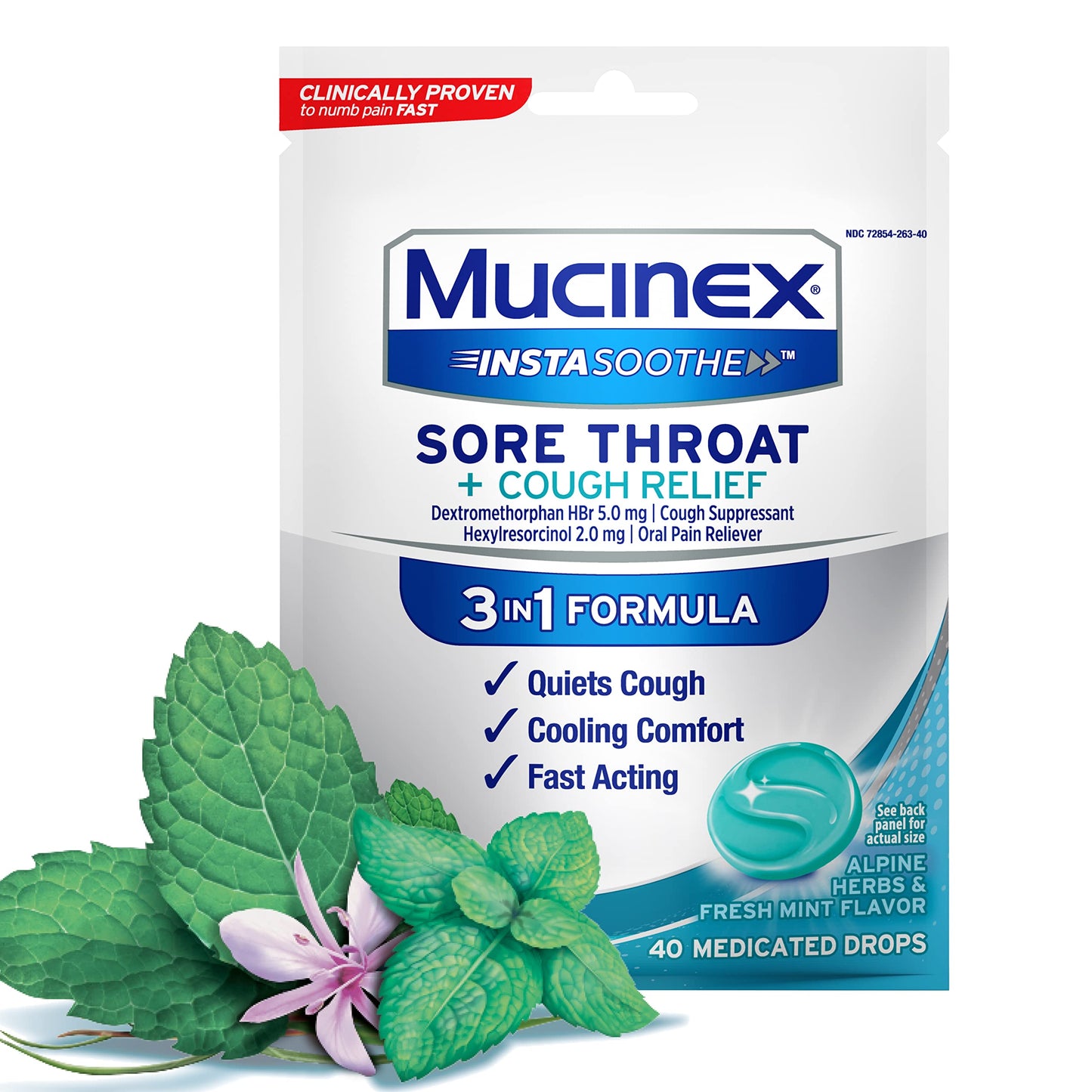 Mucinex InstaSoothe Sore Throat + Cough Relief Alpine Herbs & Mint Flavor, Fast Acting, Cooling Comfort, Powerful Sore Throat Oral Pain Reliever, 40 Medicated Drops