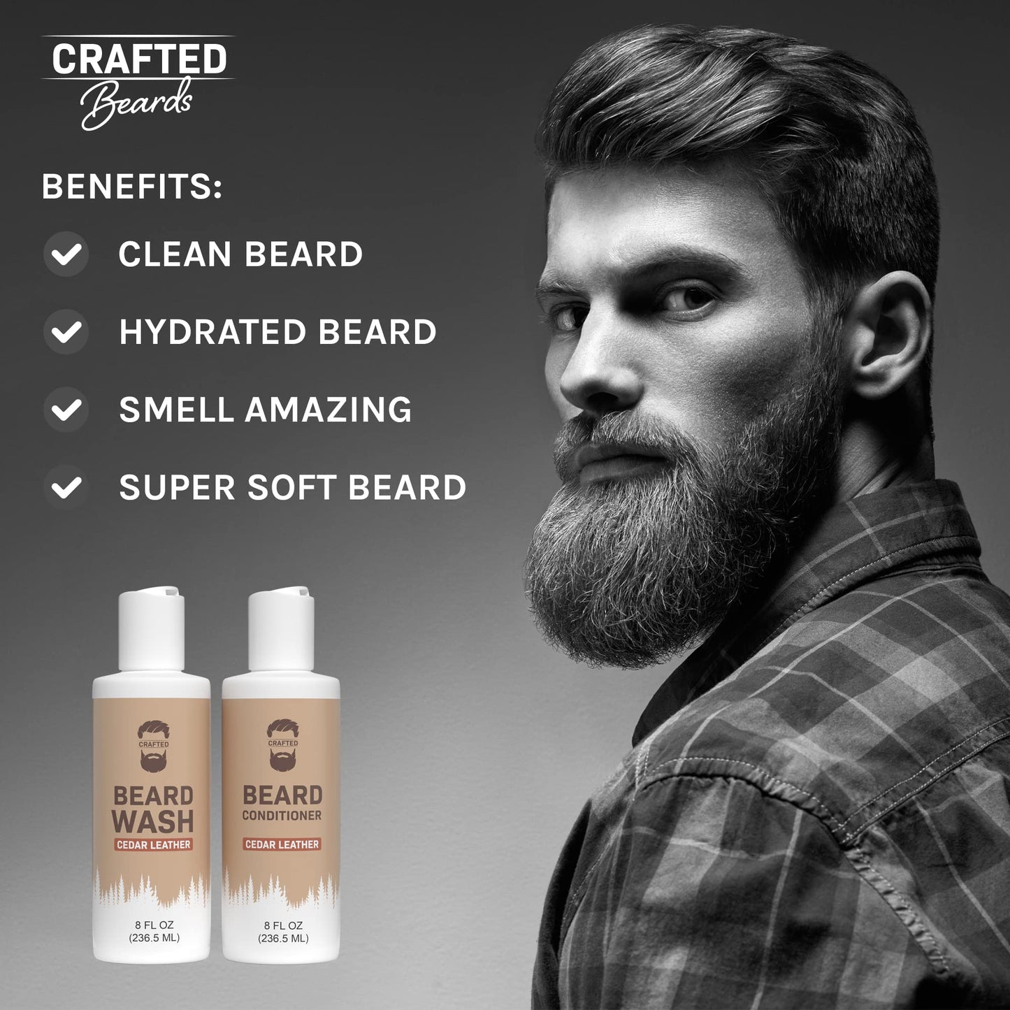 Crafted Beards Beard Wash & Conditioner - Cedar Leather - Beard Shampoo - Best Beard Wash - Beard Conditioner - Beard Kit - Beard Care - Beard Cleaner - 8oz (CL))