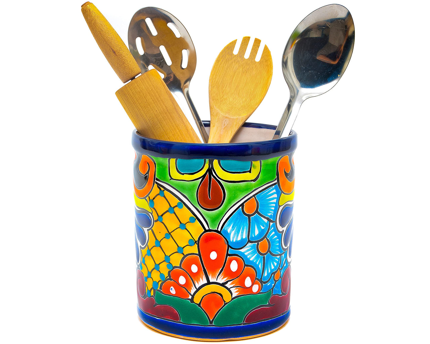 Enchanted Talavera Ceramic Large Utensil Holder Spatula Crock Kitchen Counter Organizer Mexican Pottery Utensils Tools Caddy Spoon Rest White Ceramic (Cobalt Large (7.5" H x 6" W))