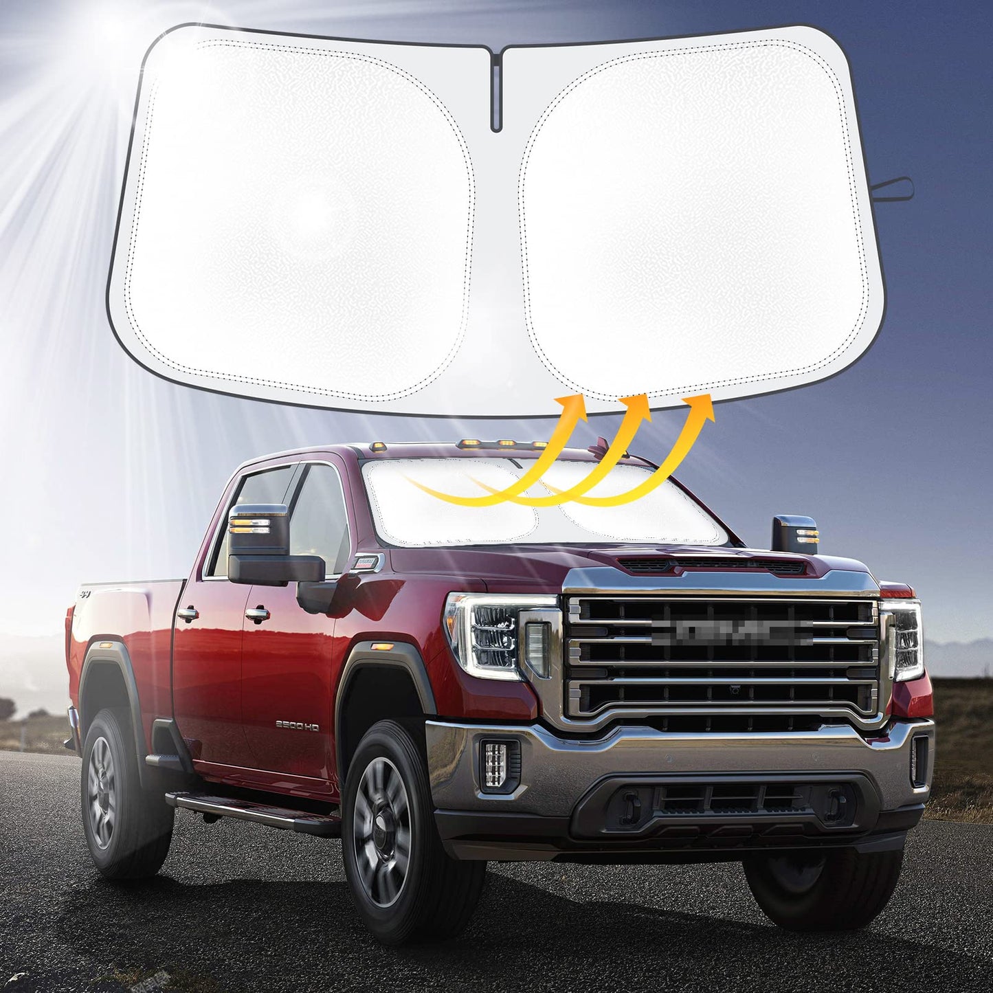 Car Windshield Sun Shade Compatible with 2023 2022 2021 2020 2019 GMC Sierra 1500 2500 3500 SLT, AT4, Denali Accessories Foldable Sunshade Truck Custom Windshield Sun Visor