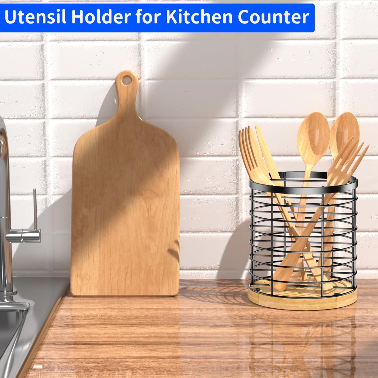 Toosci Kitchen Utensil Holder - Stainless Steel and Bamboo Utensil Holder, Utensil Holder for Kitchen Counter, Large