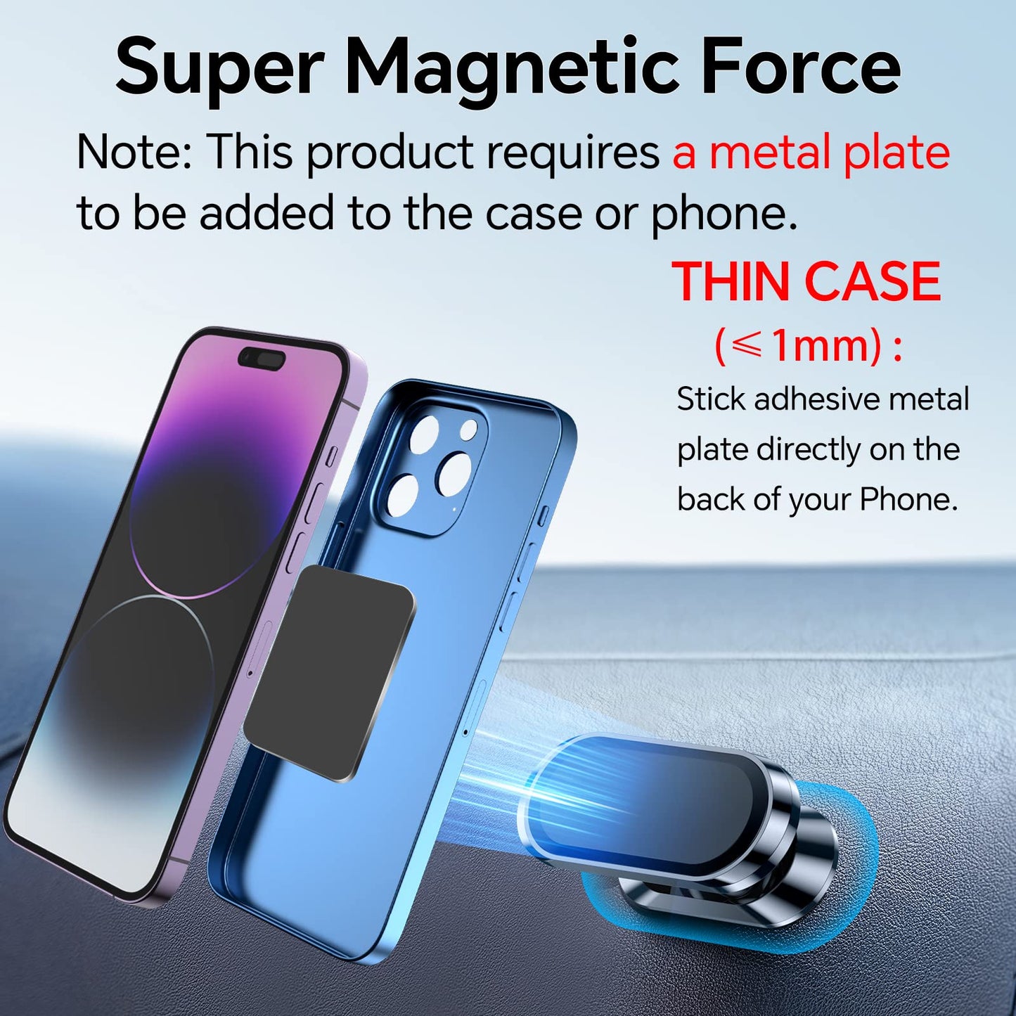 【2-PACK】Magnetic phone holder for car, [ Super Strong Magnet ] [ with 4 Metal Plate ] iPhone car mount for cell phone, [ 360° Rotation ] Universal Dashboard adhesive Magnetic Phone Mount