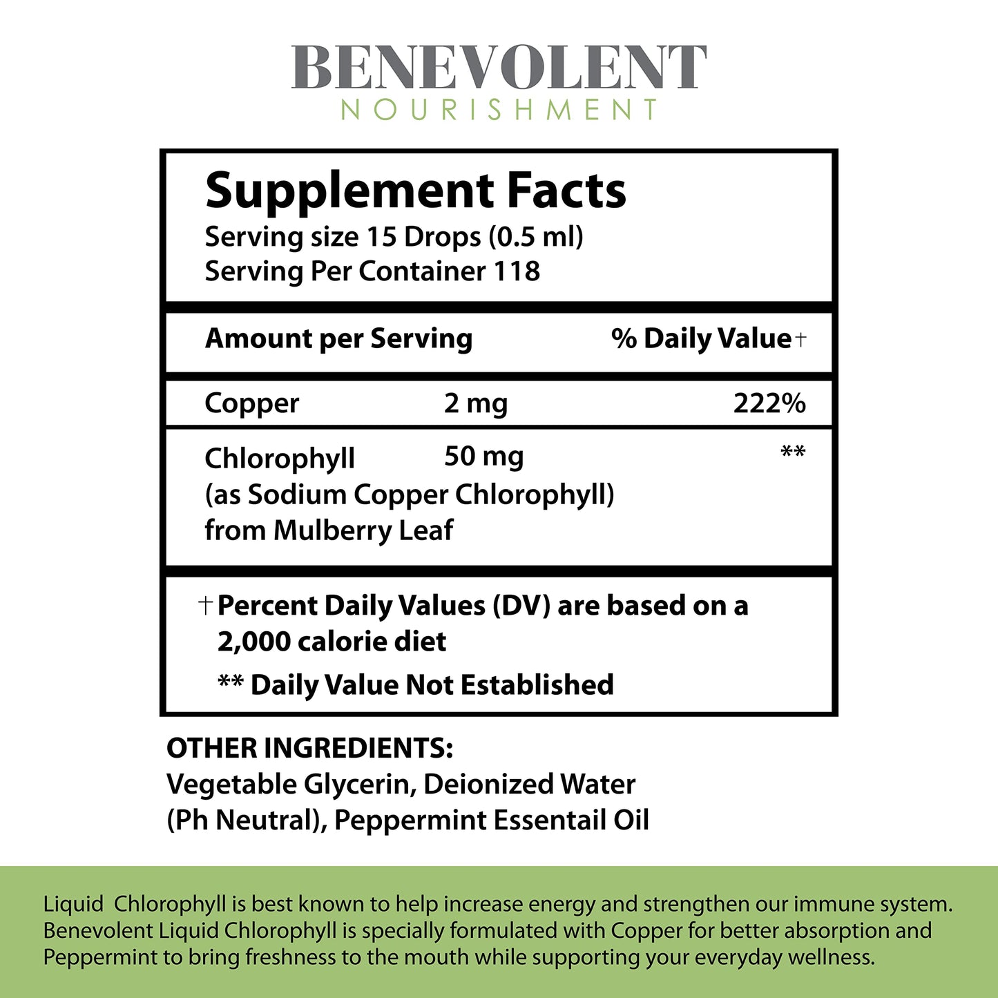 Benevolent Chlorophyll Liquid Drops - 100% Natural + 4X Potency Concentration for Energy Boost, Immune System Support, Internal Deodorant, Altitude Sickness. Not Watered Down. Minty Flavor