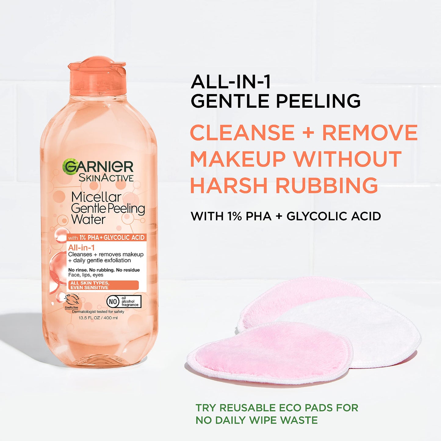 Garnier SkinActive Micellar Gentle Peeling Water with 1% PHA and Glycolic Acid, Facial Cleanser and Makeup Remover, 2 Pack