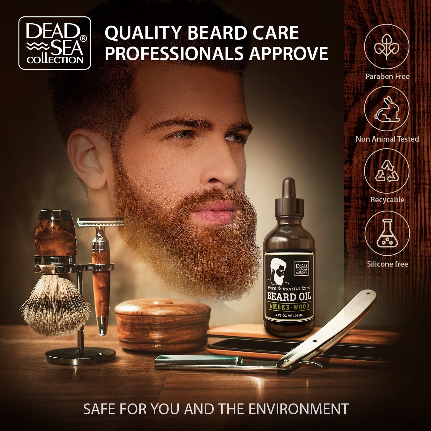 Dead Sea Collection Amber Wood Scented Beard Oil For Men - Natural Beard And Mustache Moisturizer – Men’s Beard Care Softener And Nourishing Treatment - 4 Fl. Oz