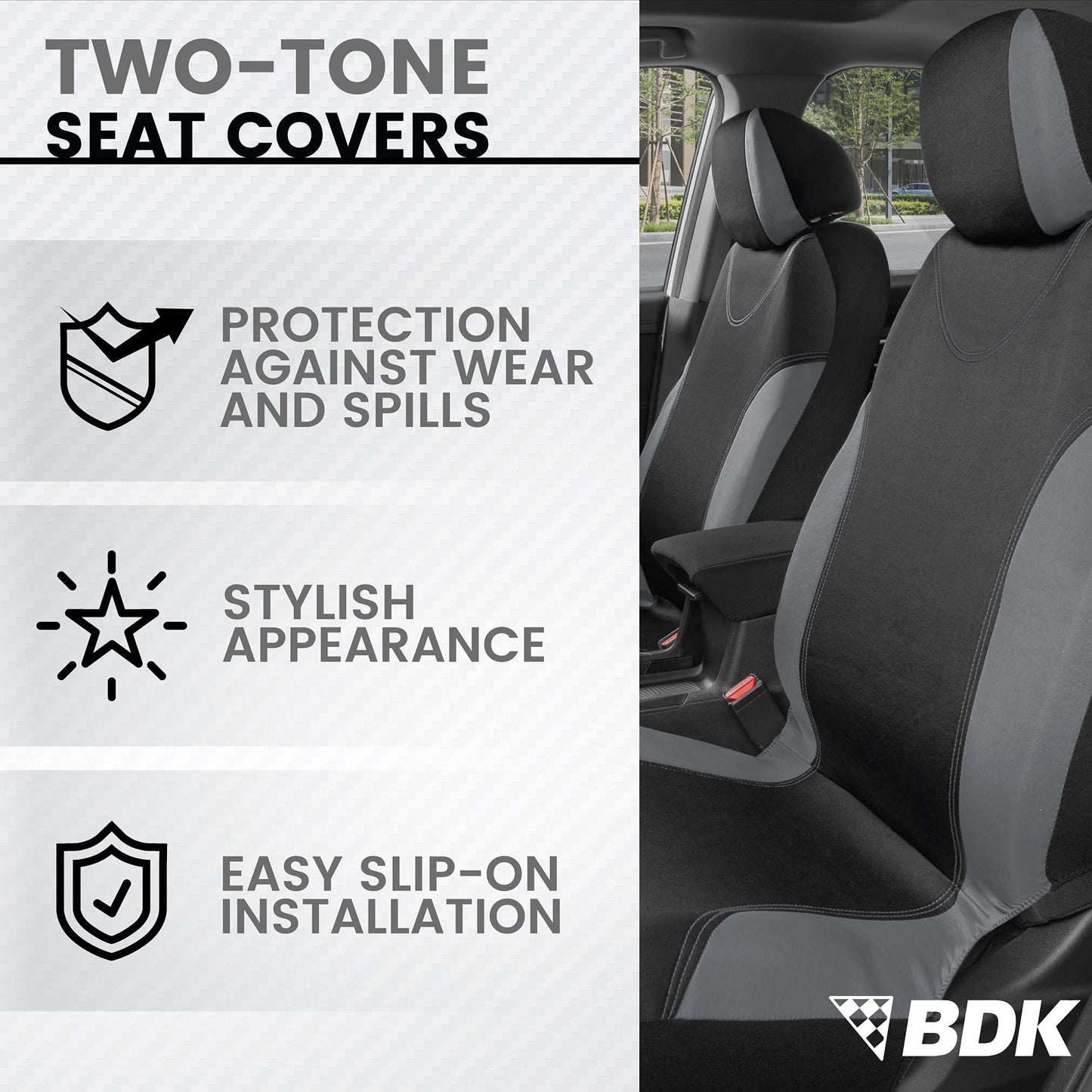 BDK UltraSleek Gray Seat Covers for Cars Full Set, Two-Tone Front Seat Covers with Matching Back Seat Cover, Stylish Car Seat Protectors with Split Bench Design, Automotive Interior Covers