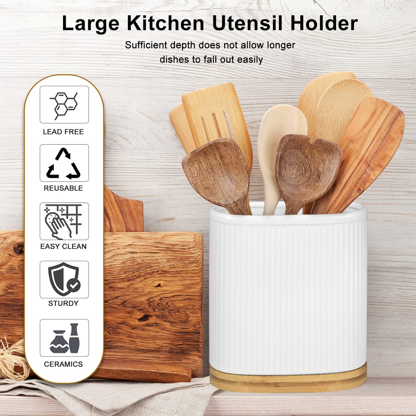 Ceramic Utensil Holder- Large Kitchen Utensil Holder with Bamboo Wooden Base- Utensil Crock for Countertop- White Ceramic Cooking Utensil Organizer for Kitchen Counter Decor, Farmhouse, Spatula