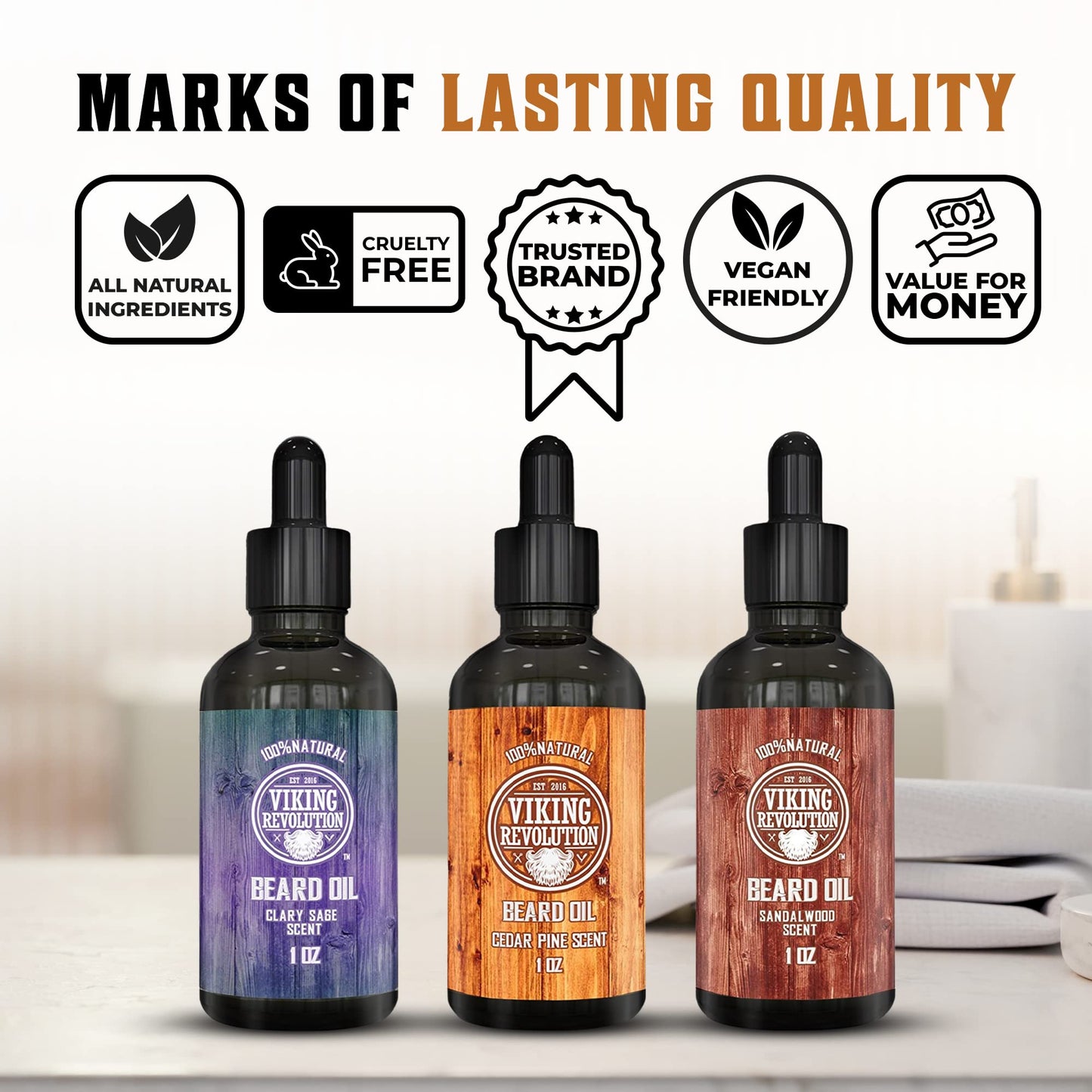 Viking Revolution Beard Oil Conditioner 3 Pack - All Natural Variety Set - Sandalwood, Pine & Cedar, Clary Sage Conditioning and Moisturizing for a Healthy Beard