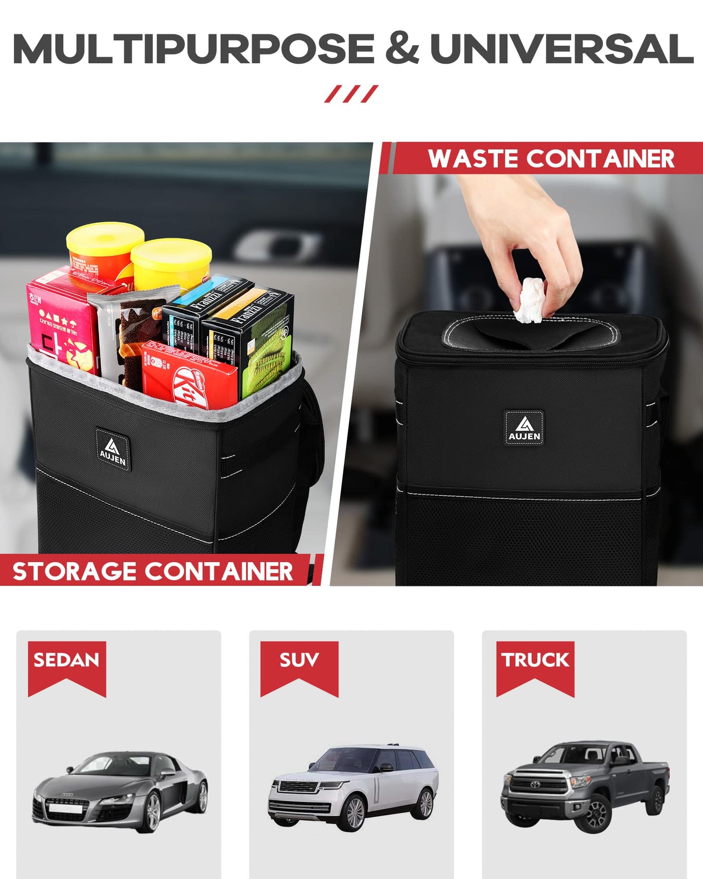 AUJEN Trash Can- Easy-to-Install Car Accessory Interior - Leak-Proof Organizer and Storage Bag for The Back/Front/Console of Any Cars,Sedans, SUVs & Trucks