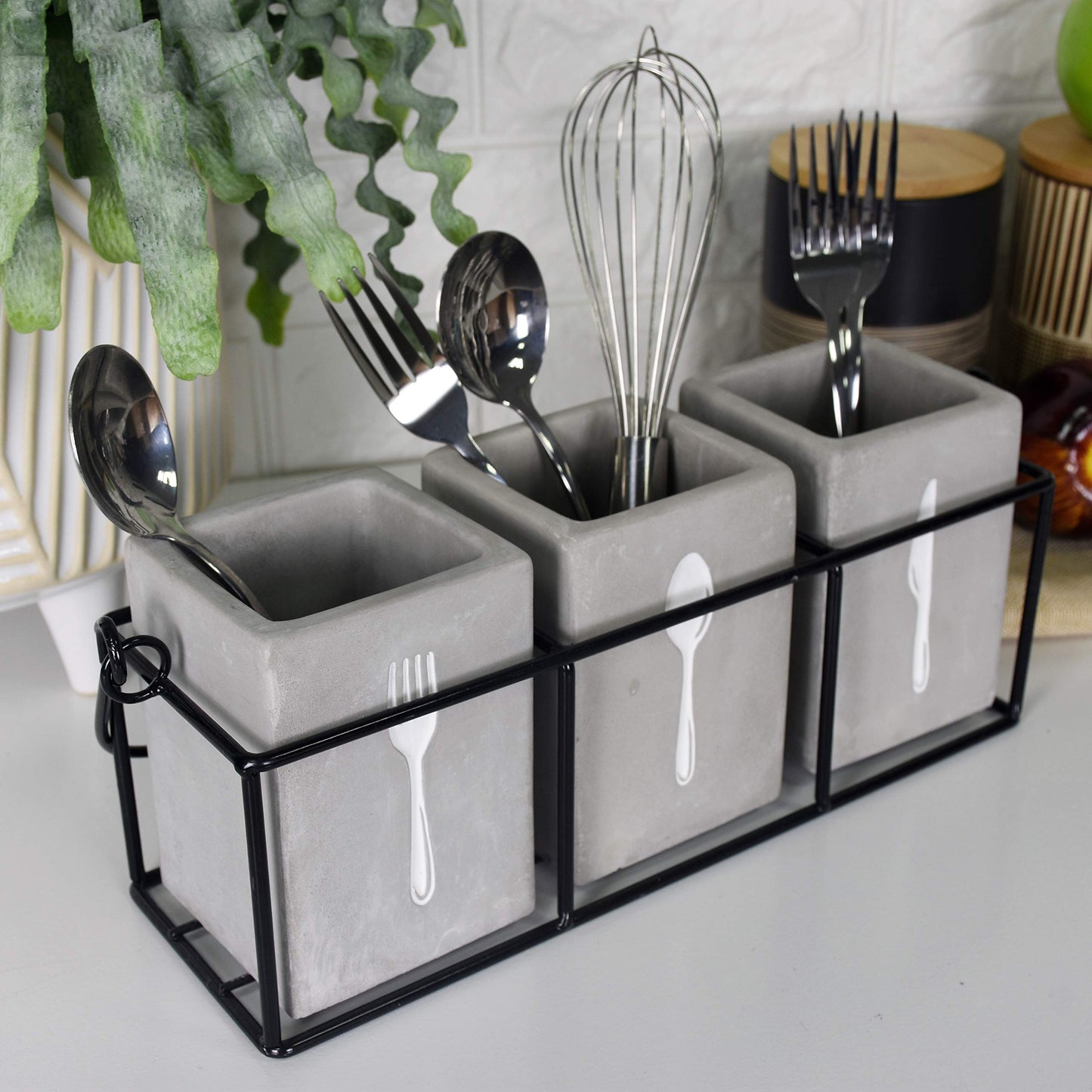 MADECO Kitchen Utensil Holder Set 3 Pieces Cement Utensil Crocks & 1 Portable Wire Caddy - Embossed Design-Organize Your Flatware & Silverware with Ease (Square)