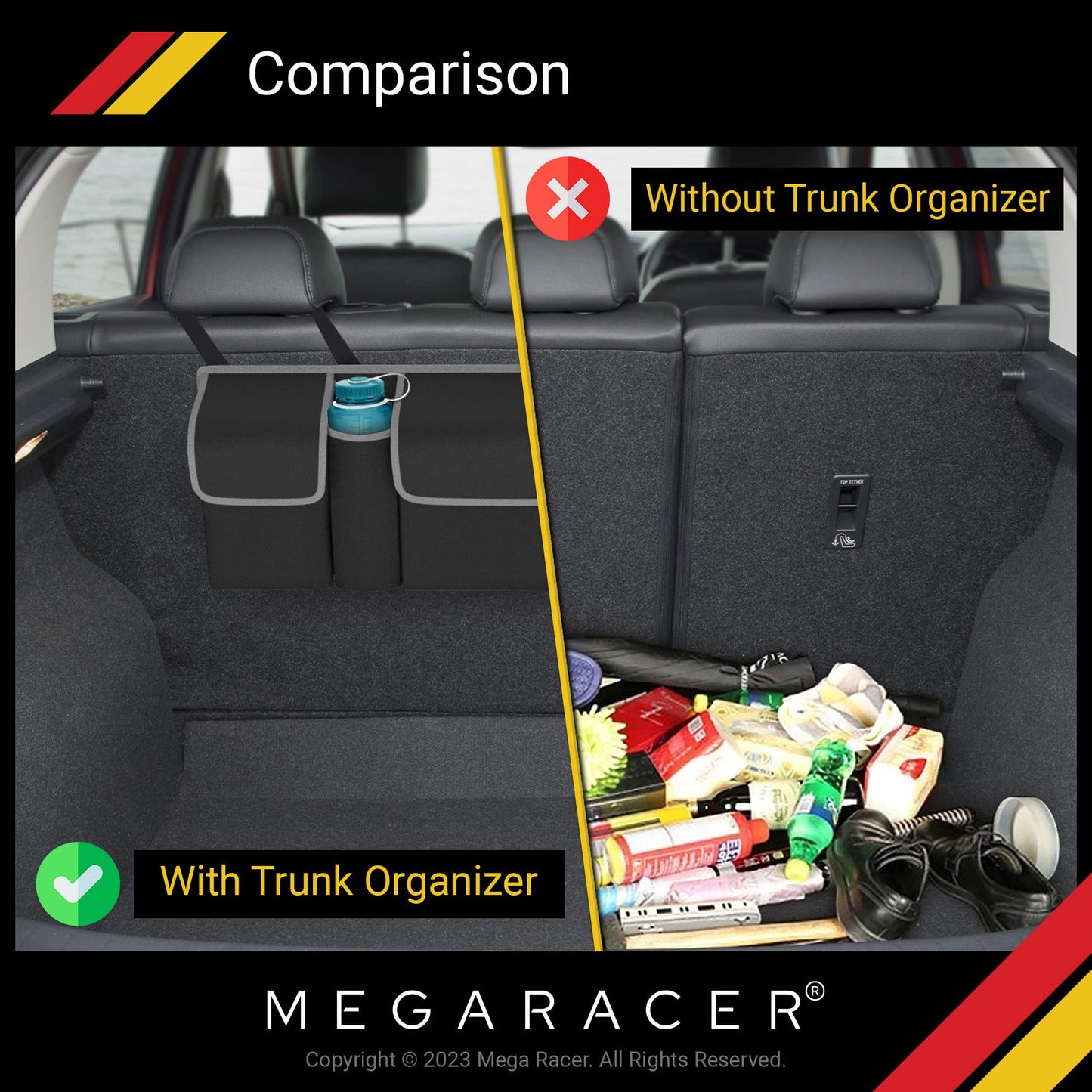 Mega Racer Black Trunk Organizer - 600D Polyester & Oxford Cloth Material, 4 Large Storage Pockets, 2 Adjustable Rear Clips, Storage Accessories For Cars Pickup Trucks SUV Vans, Waterproof, 1 Piece