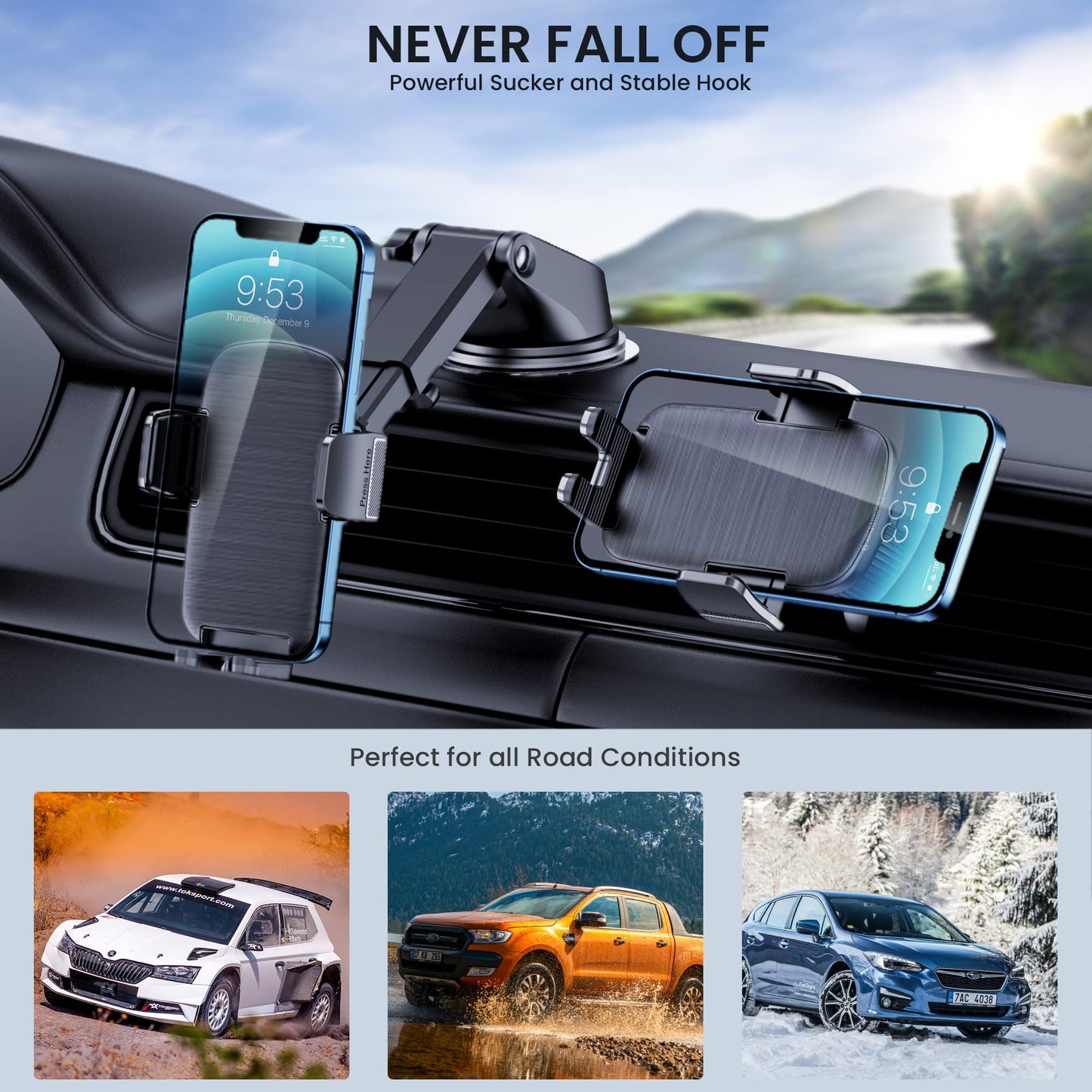 Phone Mount for Car Phone Holder [Military-Grade Suction & Stable Clip]Car Phone Holder Mount Windshield Dashboard Air Vent Universal Cell Phone Automobile Mount Fit For All iPhone Android Smartphones