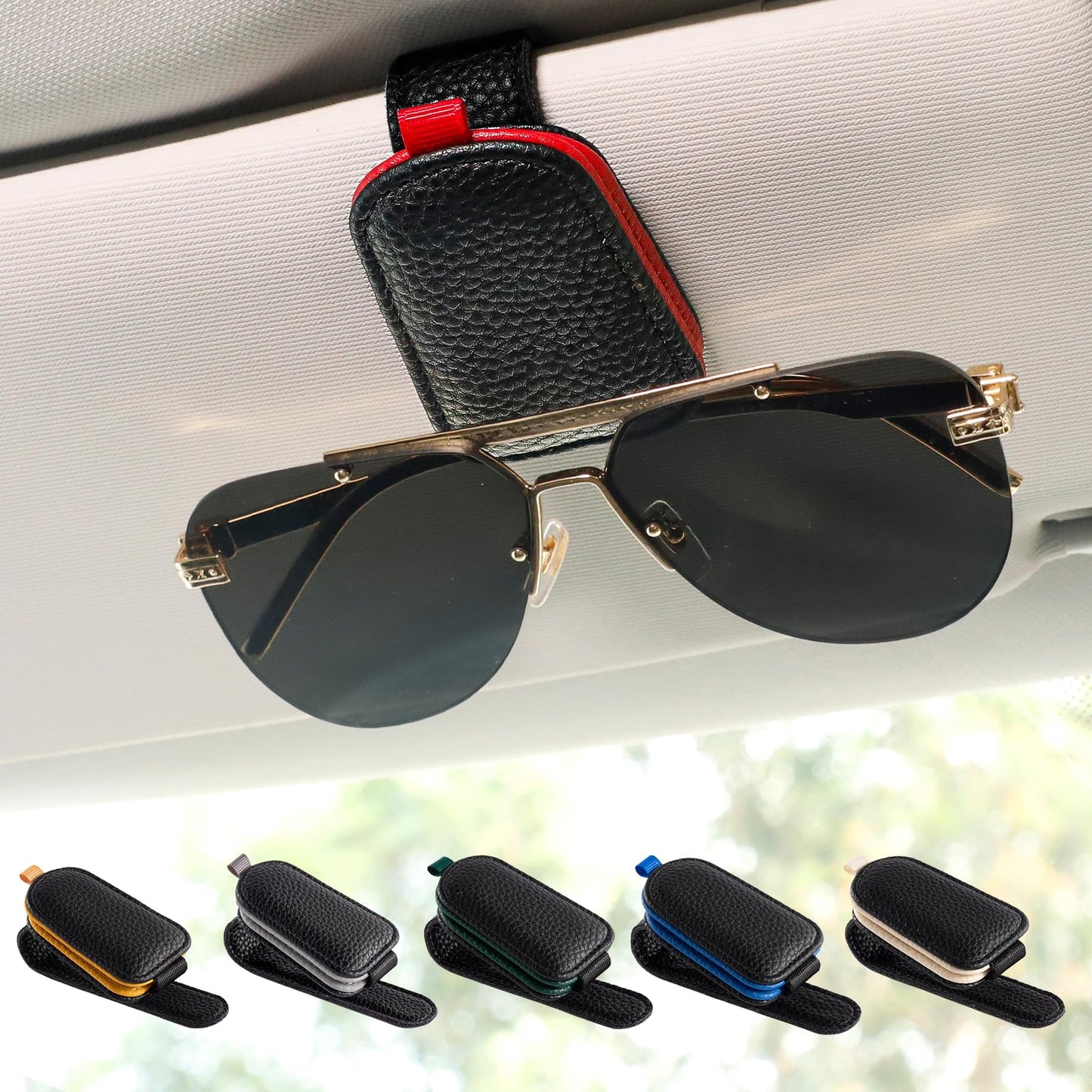 SINGARO Sunglasses Holder for Car, Leather Magnetic Buckle Sun Visor Sunglass Clip, Ticket Card Storage Glasses Clip, Car Interior Accessories for Men and Women（Black-red）