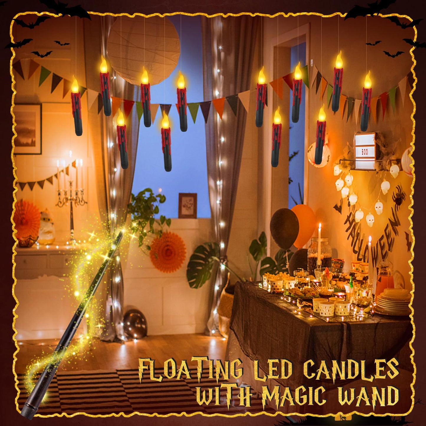 Qmioti Halloween Decoration - 12 Pack Floating Candles with Remote Control & Magic Wand Control, Christmas Decorations for Harry Potter, Party, Birthday, Wedding (Black)