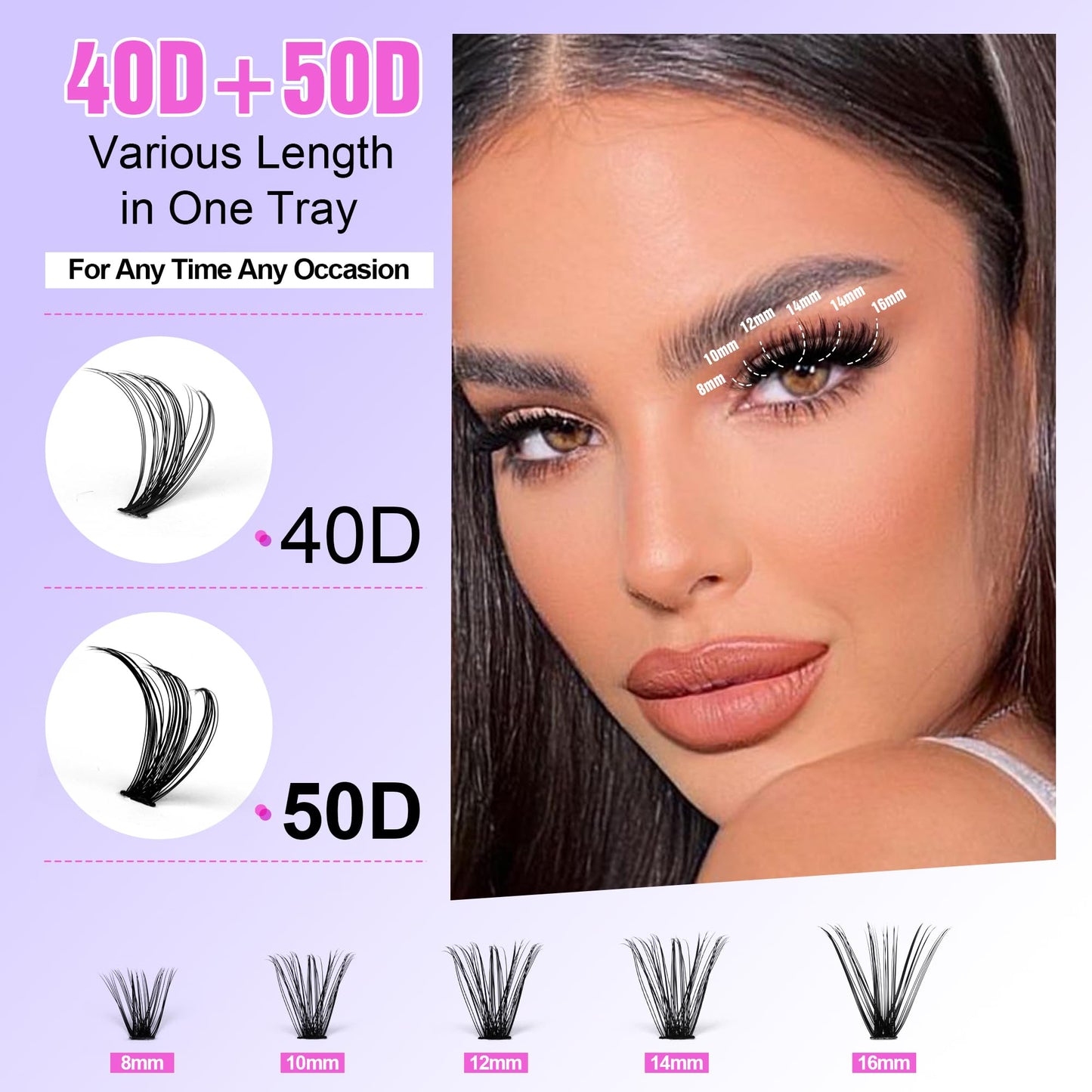 Lash Clusters 280pcs Individual Lashes DIY Eyelash Extension 40D 50D 8-16mm Mix D Curl Eyelash Clusters Lash Extension for Self Application at Home (40D+50D-0.07D-8-16MIX)