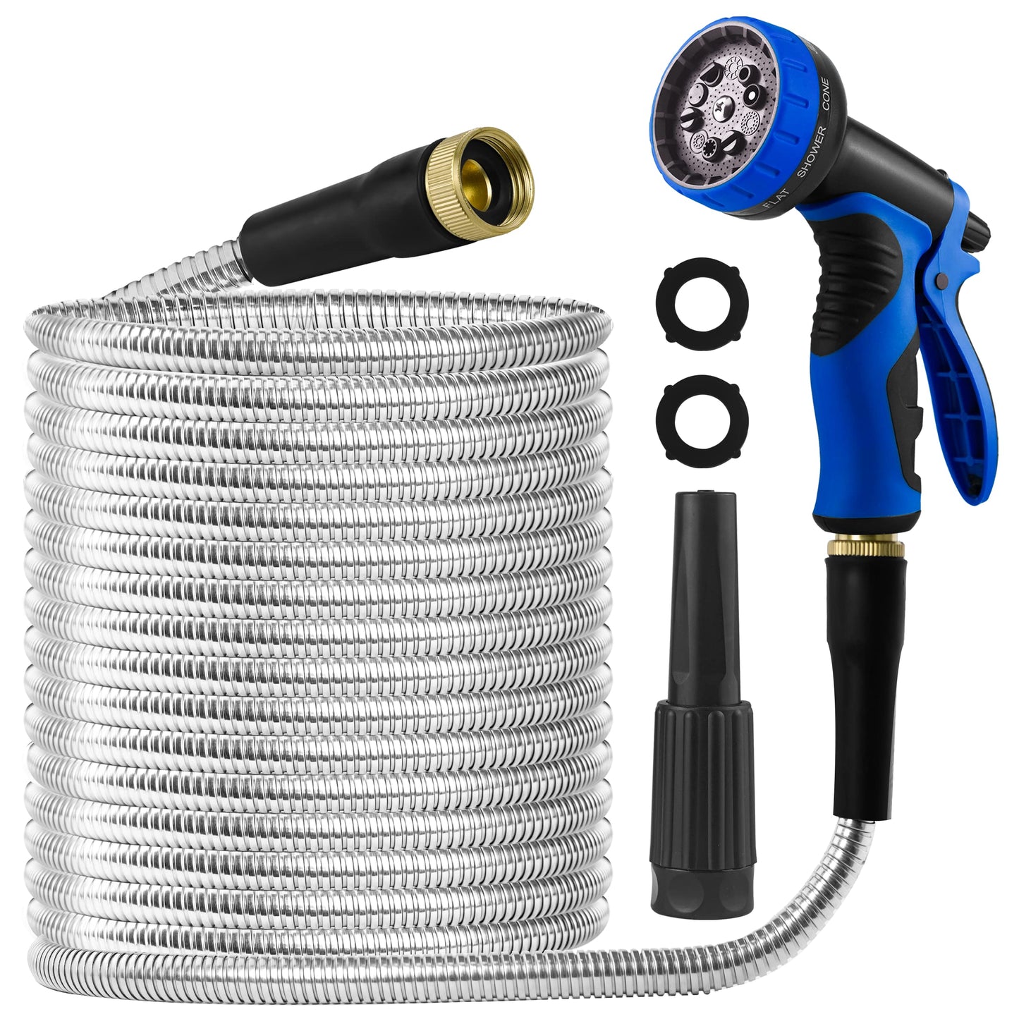 Enormous Dan Garden Hose 50 ft, Water Garden Hose, Flexible stainless steel metal water hose with 10 mode nozzle, durable, leak-free, kink-free, heavy-duty garden hose