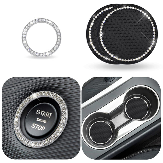 EcoNour Car Cup Coasters (2 Pack) | Car Push Start Button Bling (1 Pack) | Car Cup Holder Coaster | Crystal Rhinestone Car Interior Accessories | 2.75 Inch Universal Anti-Slip Coasters Car for Women