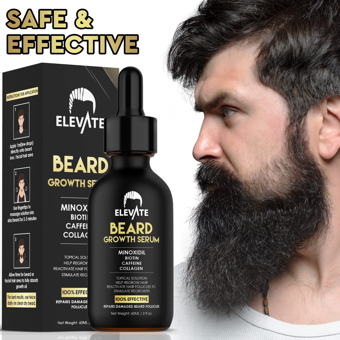 Elevate Beard Growth Oil 5% Minoxidil Hair Growth Serum with Biotin & Caffeine – Grow a Stronger Thicker Fuller Beard Faster – Natural Facial Hair Treatment for Grooming Thickening and Volume 1 Fl Oz