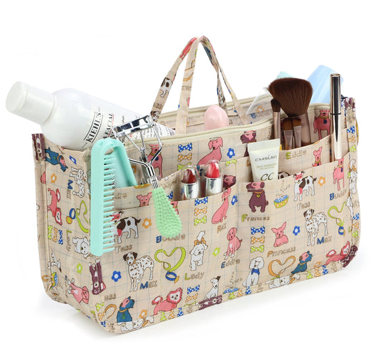 Cosmetic Bag for Women Cute Printing 14 Pockets Expandable Makeup Organizer Purse with Handles (Dog)