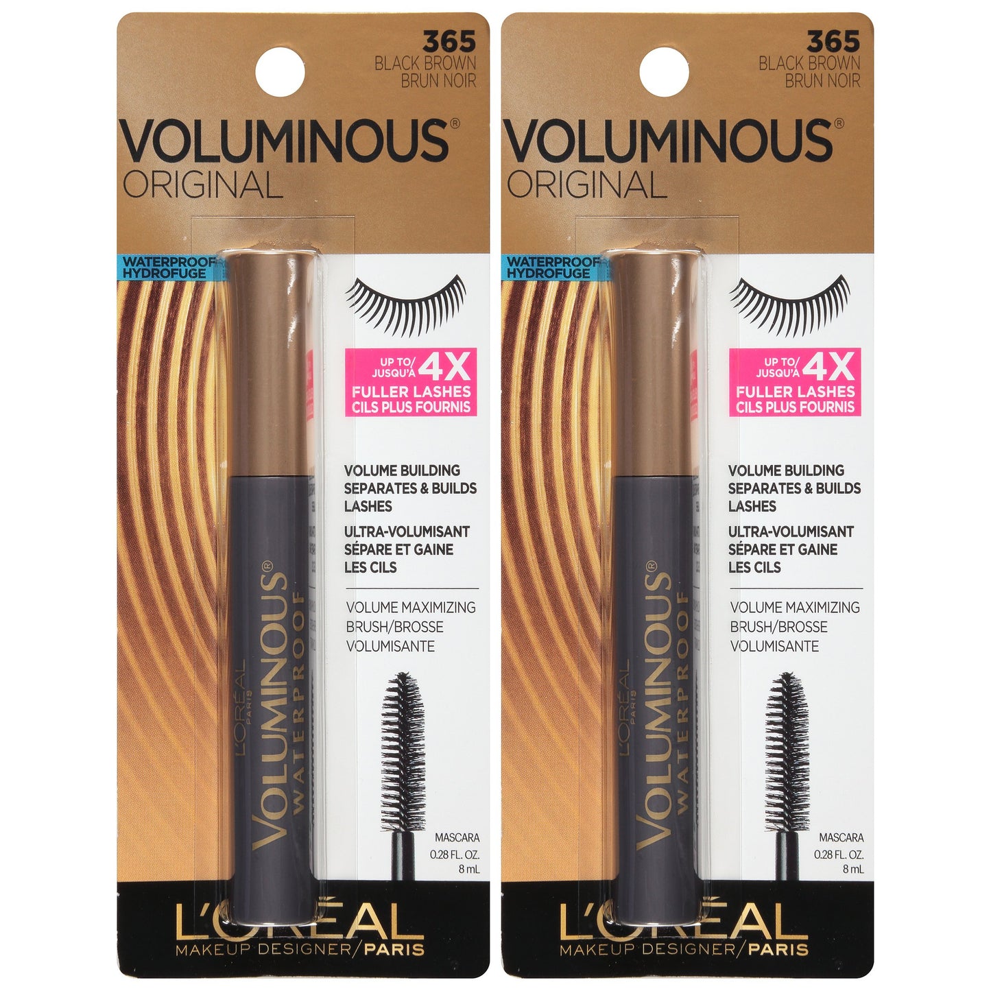 L'Oreal Paris Voluminous Original Waterproof Mascara, Black Brown, 2 count