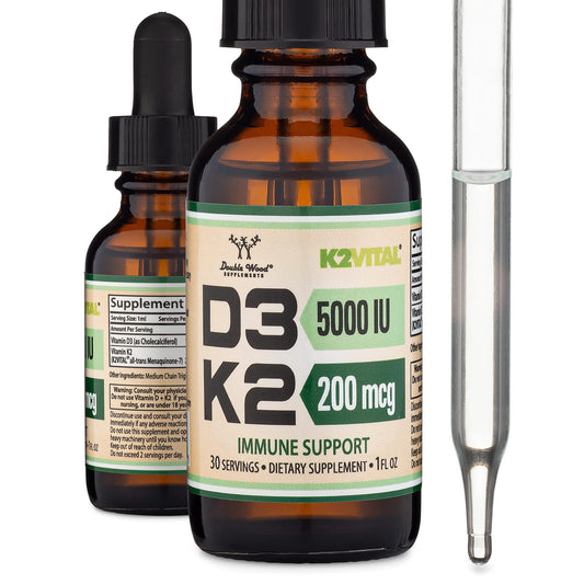 Vitamin D3 K2 5,000 IU Liquid Drops (5,000 IU of D3 and 200mcg of 99.9% All-Trans Patented K2 MK-7 (K2Vital)) Max Absorption Liquid Vitamin D Drops for Kids and Adults (30 Servings) by Double Wood