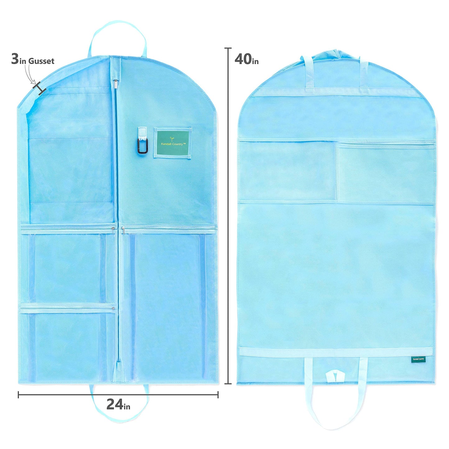 Waterproof Hanging Garment Bag 40 inch Clothes Bag with Gusset, 5 Pockets & Side Zip for Dance Costumes, Sports, Skating, Theatre, Beauty Pageants, Cheer & More by Kendall Country, Sky Blue