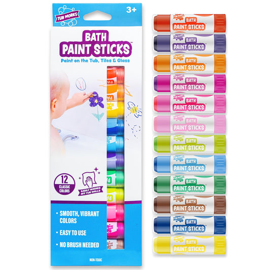 Tub Works™ Bath Paint Sticks™ Bath Toy, 12 Count | Nontoxic, Washable Bathtub Paint for Kids & Toddlers | Twistable Sticks Draw Smoothly on Tub Walls | Smooth, Vibrant Alternative to Bath Crayons